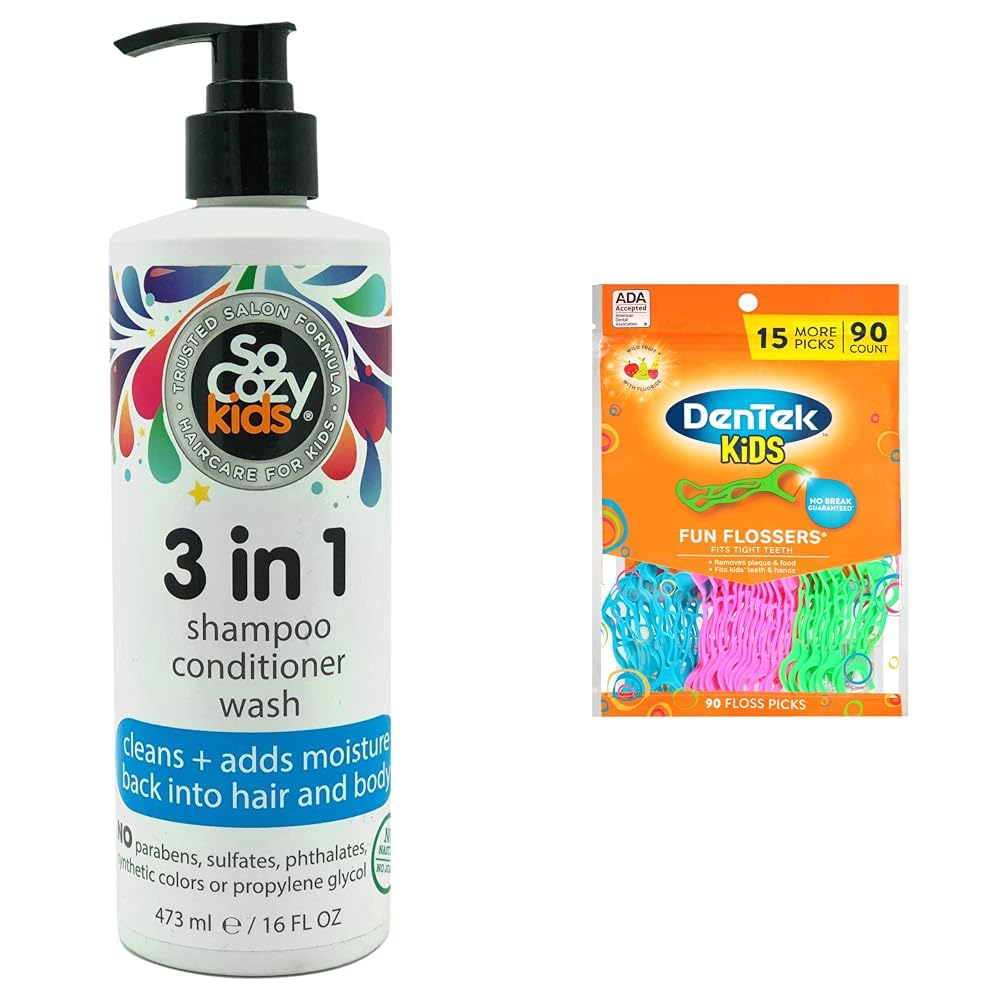SoCozy 3-in-1 Kids Shampoo, Conditioner & Body Wash - 16 Fl Oz | DenTek Kids Fun Flossers, Wild Fruit Flavor - 90 Count | Gentle Hair & Body Cleanser for Children with Dental Floss Picks | Perfect for Bath Time & Oral Hygiene Routine
