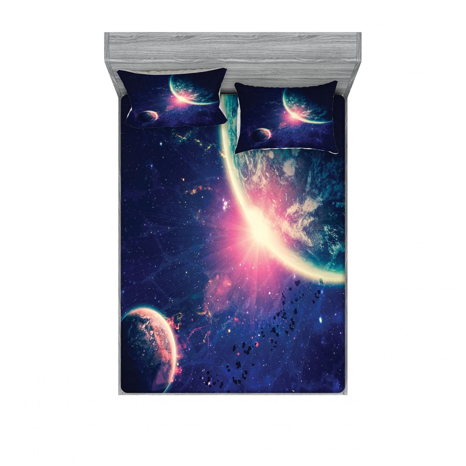 Ambesonne Galaxy 2-Pack Full Size Fitted Sheet Set with 4 Pillow Shams - Outer Space Mars Planets Design in Navy Blue & Pink - Soft Bedding Decor for Kids & Adults - Perfect for Space Themed Bedrooms, Dorm Rooms & Gift Giving