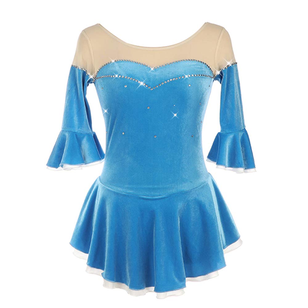 Blue Velvet Figure Skating Dress for Girls & Women - Long Sleeve Competition & Performance Ice Skating Costume | Perfect for Ice Shows, Competitions & Practice