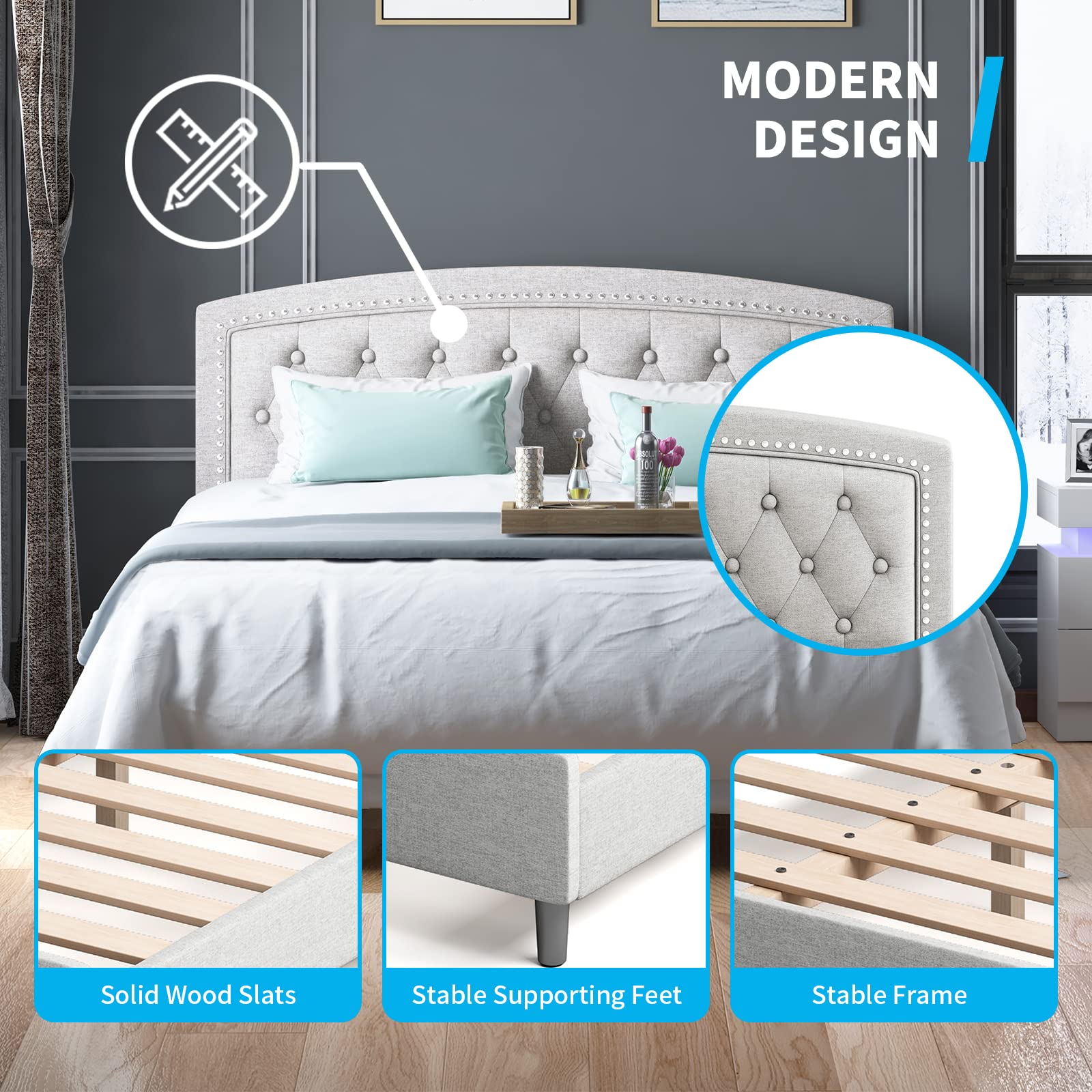 BALUS King Size Platform Bed Frame with Headboard & Button Trim - No Box Spring Needed, Easy Assembly - Light Grey - Perfect for Modern Bedrooms & Guest Rooms