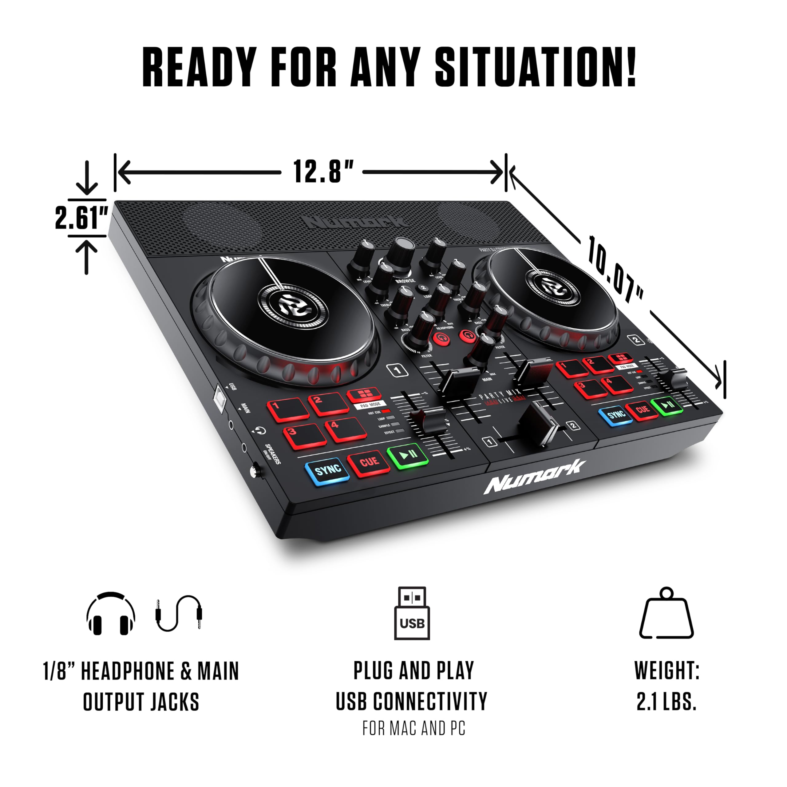 Numark Party Mix Live DJ Controller with Built-in Speakers, Party Lights & Mixer - Complete DJ Set with Audio Interface & Serato DJ Lite Software for Home Parties, Clubs & Live Performances