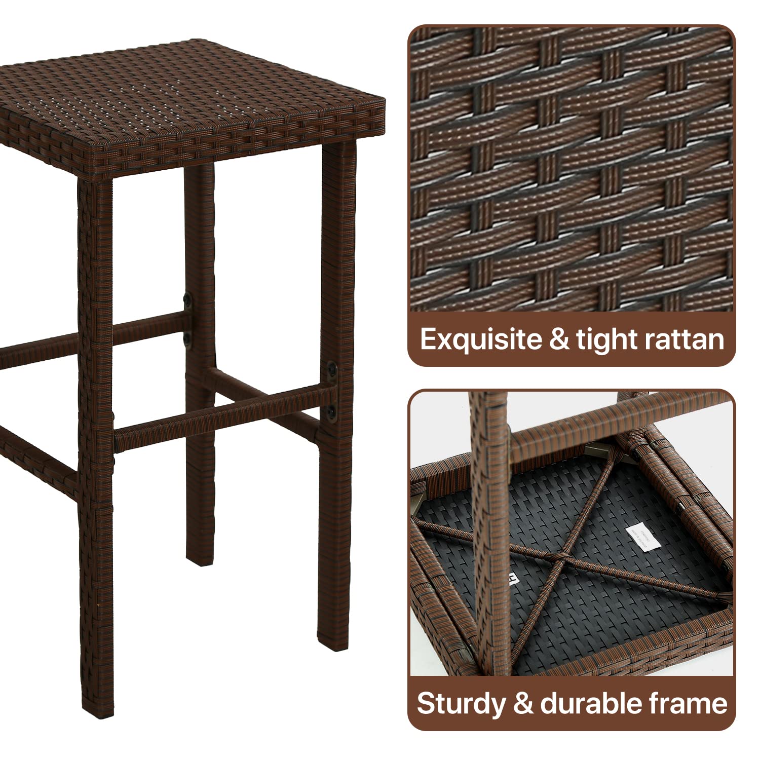 3-Piece Outdoor Wicker Bar Set - All-Weather Rattan Bar Table with 2 Stools, Glass Top & Thick Cushions - Patio, Backyard, Porch, Garden & Poolside Furniture - Perfect for Outdoor Entertaining & Relaxing (Blue)