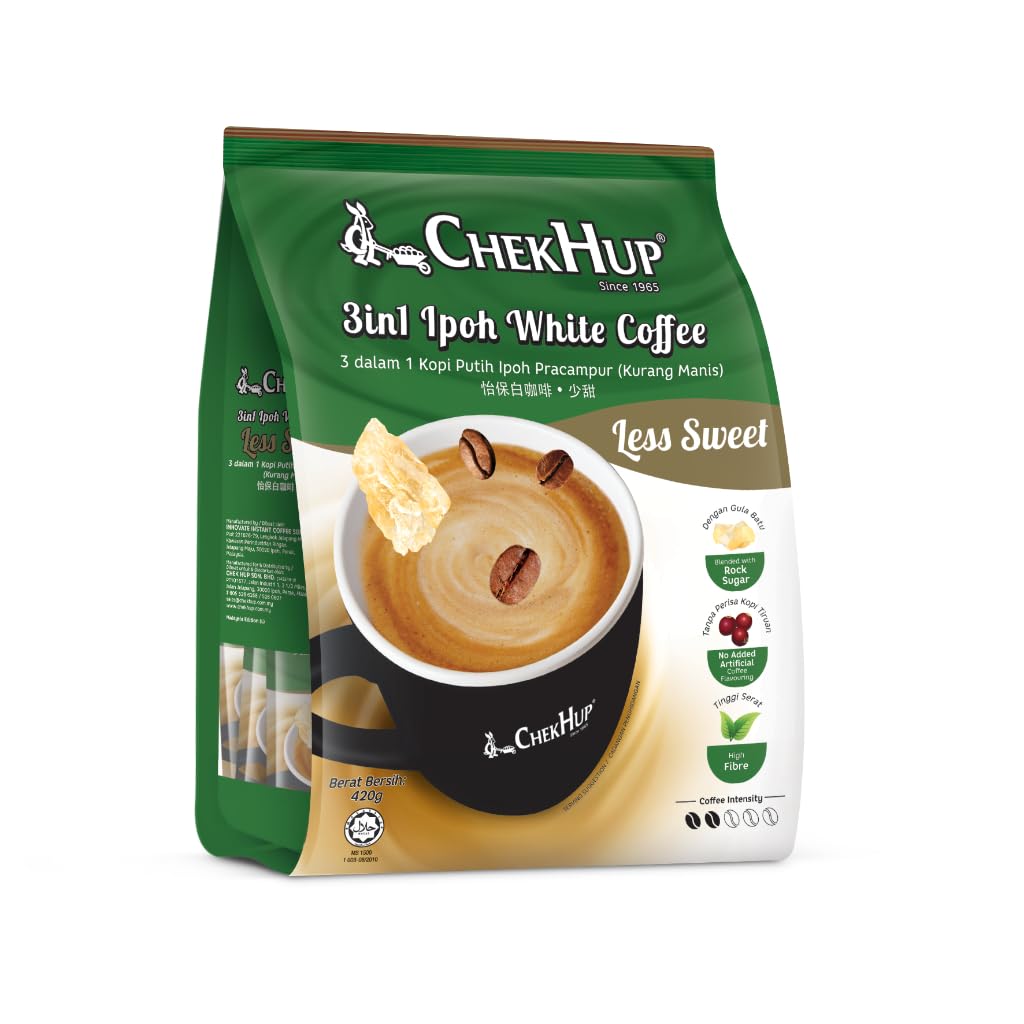 Chek Hup 3-in-1 Ipoh White Coffee Low Sugar - 12 Sachets (8 Pack) - Perfect for Office, Travel & Home Brewing