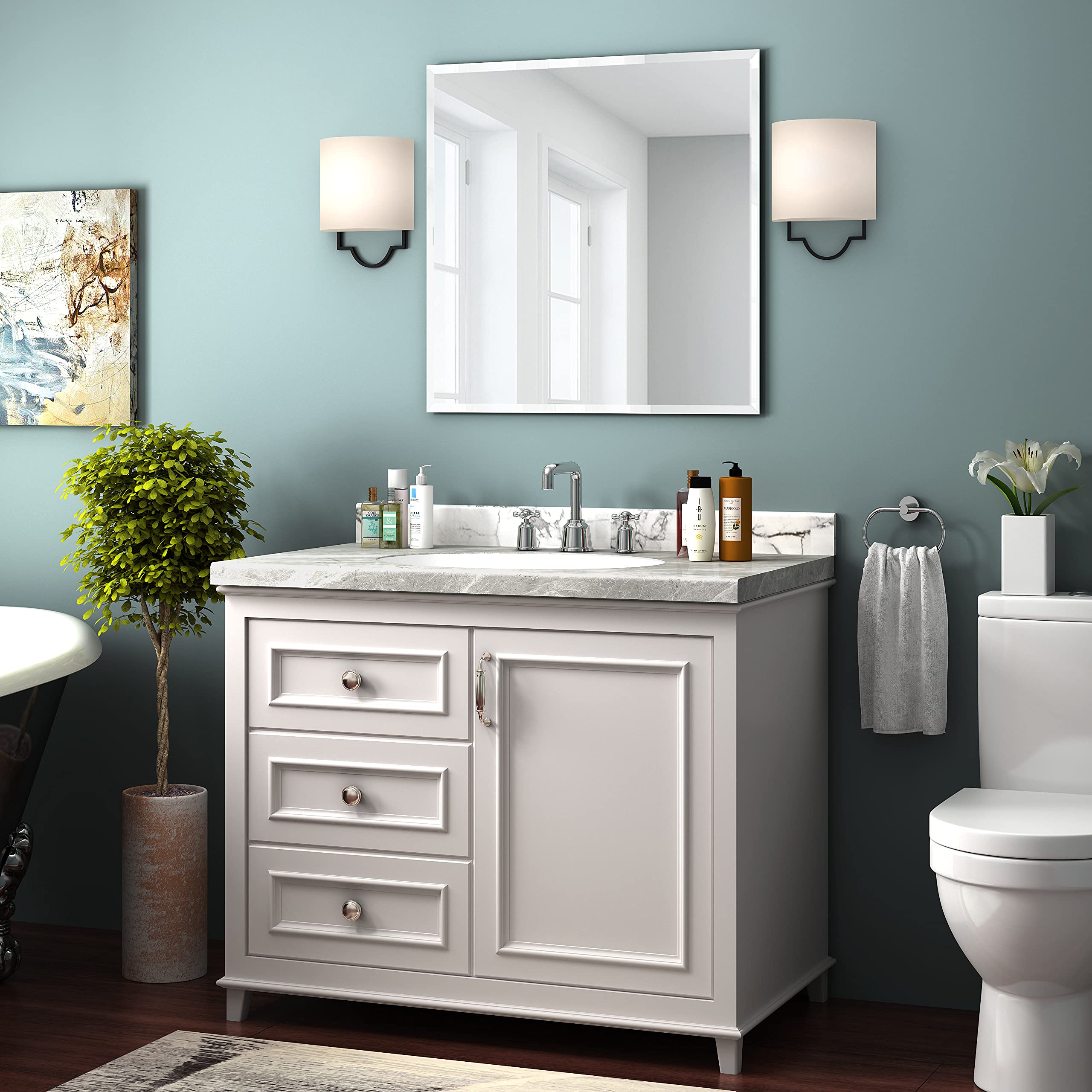 KOHROS 24x24 Inch Frameless Square Vanity Mirror - Anti-Rust Tempered Glass Bathroom Wall Mirror with Pencil Polished Edge, Horizontal or Vertical Mounting - Perfect for Makeup, Shaving & Home Decor