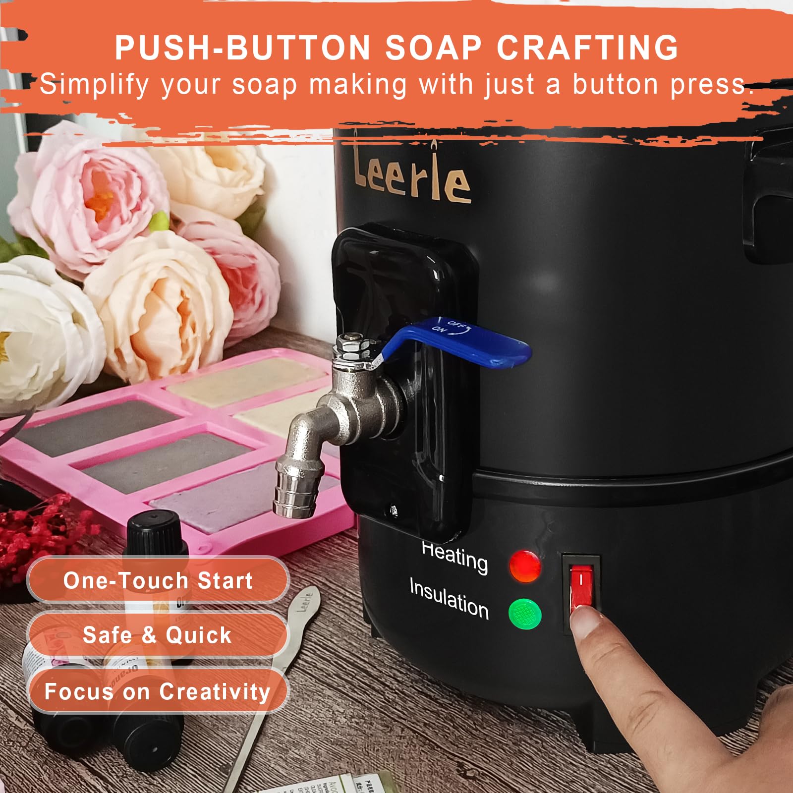 Leerie S4 Soap Base Melter - 4 Quart/8 Pound Capacity with Temperature Control & Brass Spout - Non-Stick Coating for DIY Soap Making Business - Perfect for Melt & Pour Soap Crafting, Small Business & Home Use