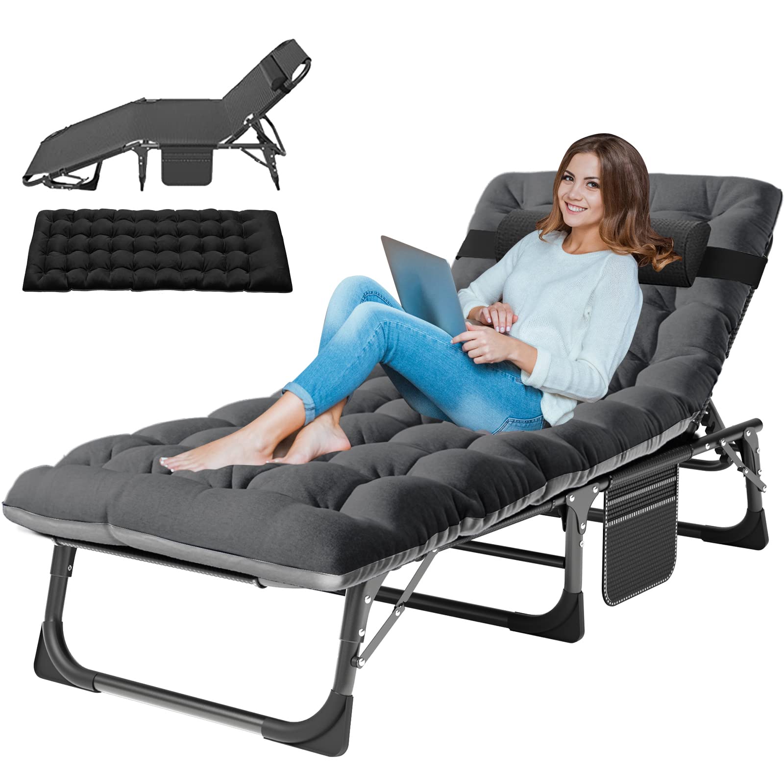 LILYPELLE 5-Position Adjustable Folding Chaise Lounge Chair with Mattress - Outdoor Patio Recliner for Sunbathing, Poolside, Beach & Camping - Perfect for Backyard, Garden and Vacation Use
