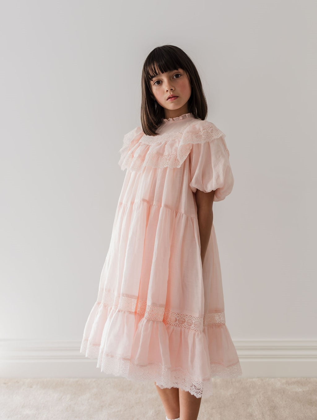 Petite Amalie Short Sleeve Poppy Lace Trim Soft Peach Dress - Perfect for Spring Weddings & Garden Parties