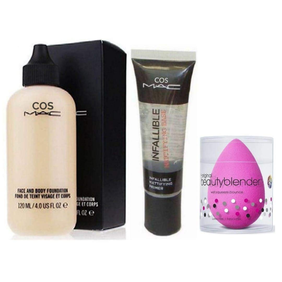 Professional Face & Body Foundation Combo Kit with Primer & Makeup Blender - 3-Piece Set for All Skin Tones | Flawless Base for Daily Makeup, Special Occasions & Photography