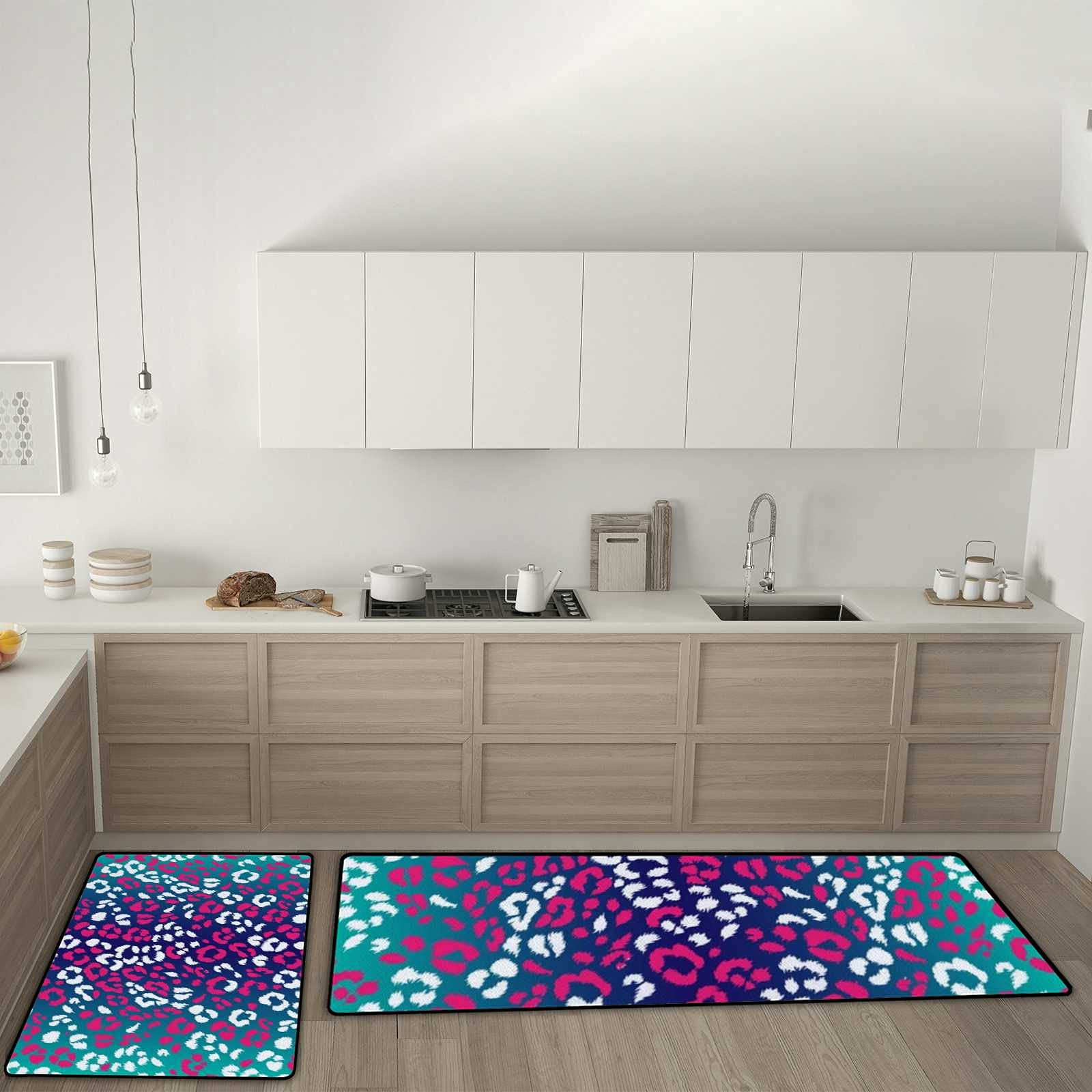 Non-Slip Kitchen Rugs Set of 2 - Soft Absorbent Coral Velvet Washable Floor Mats (17.7x29.1Inch + 17.7x58.2Inch) - Bright Leopard Print for Modern Kitchen Decor, Perfect for Sink, Stove and High-Traffic Areas