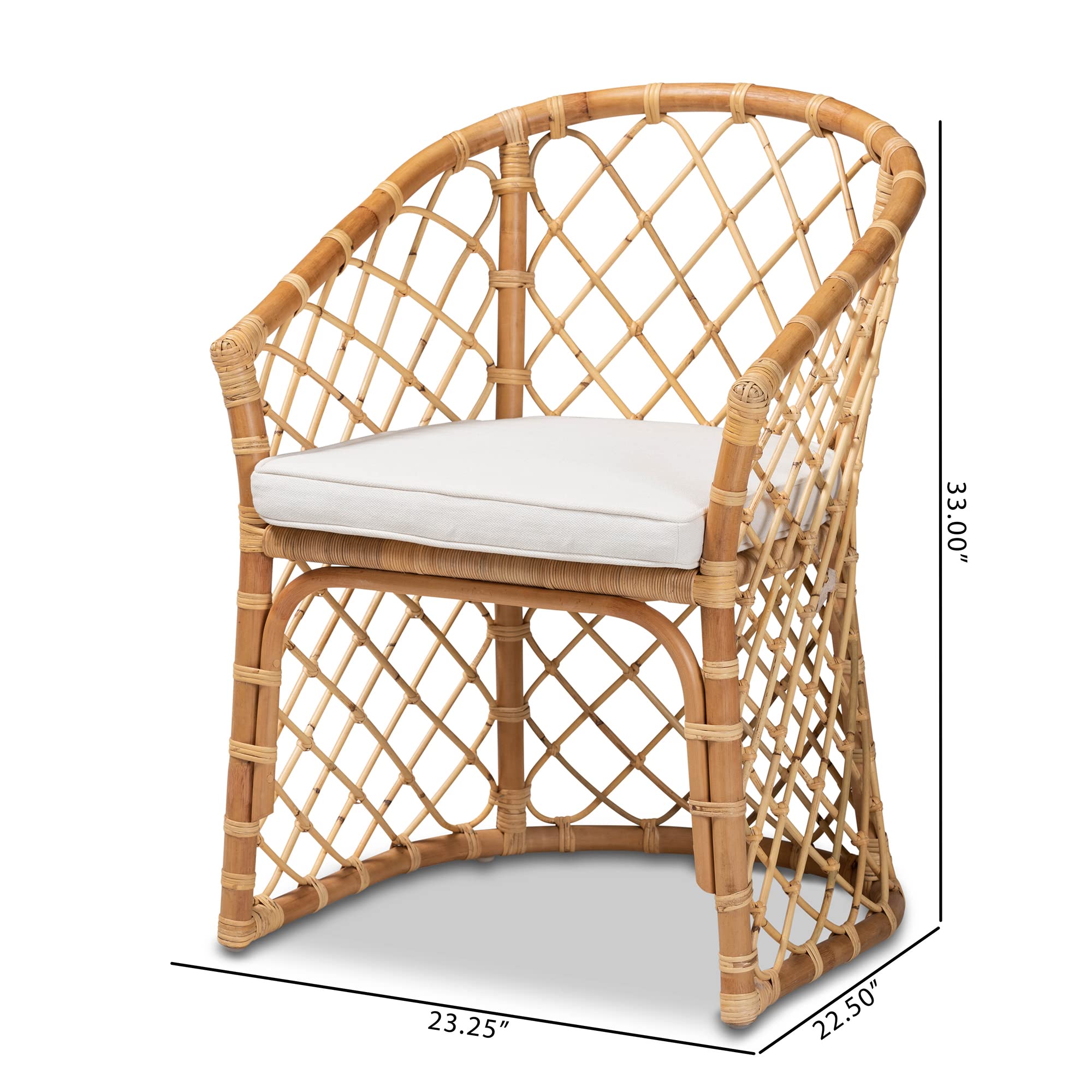 Baxton Studio Orchard Dining Chair - White Fabric Upholstered with Natural Brown Rattan - Modern Kitchen & Dining Room Furniture for Home Decor