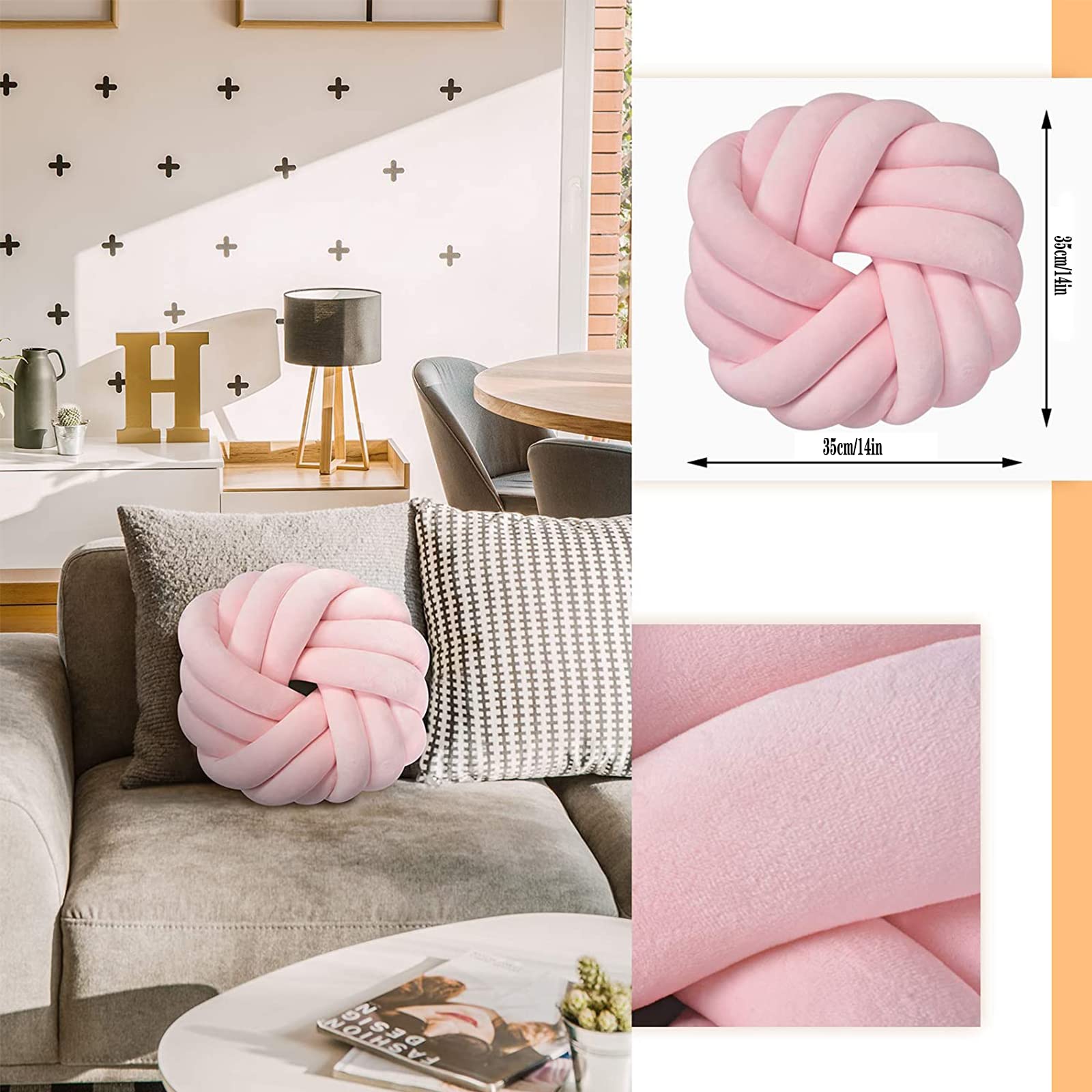 Knot Ball Throw Pillow - Decorative Knotted Ball Cushion for Couch, Chair, Bed & Car (14 Inch/35cm, Red) - Perfect for Living Room, Bedroom & Garden Decor