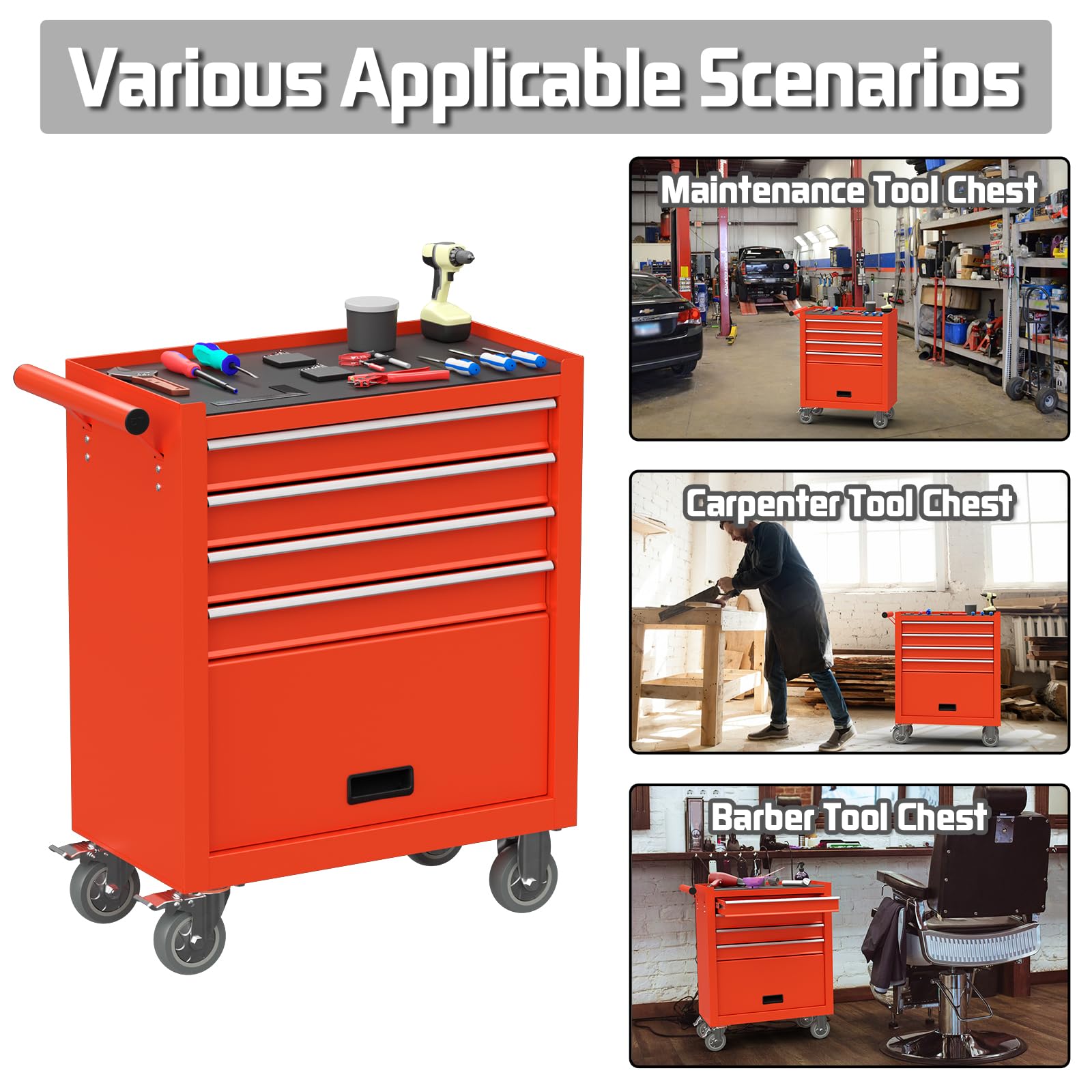 Heavy Duty 4-Drawer Rolling Tool Chest with Lockable Wheels | Metal Tool Storage Cabinet with Drawer Liners | Perfect for Garage Organization, Auto Repair Shops & DIY Workshops | Red Tool Cart for Professional Mechanics