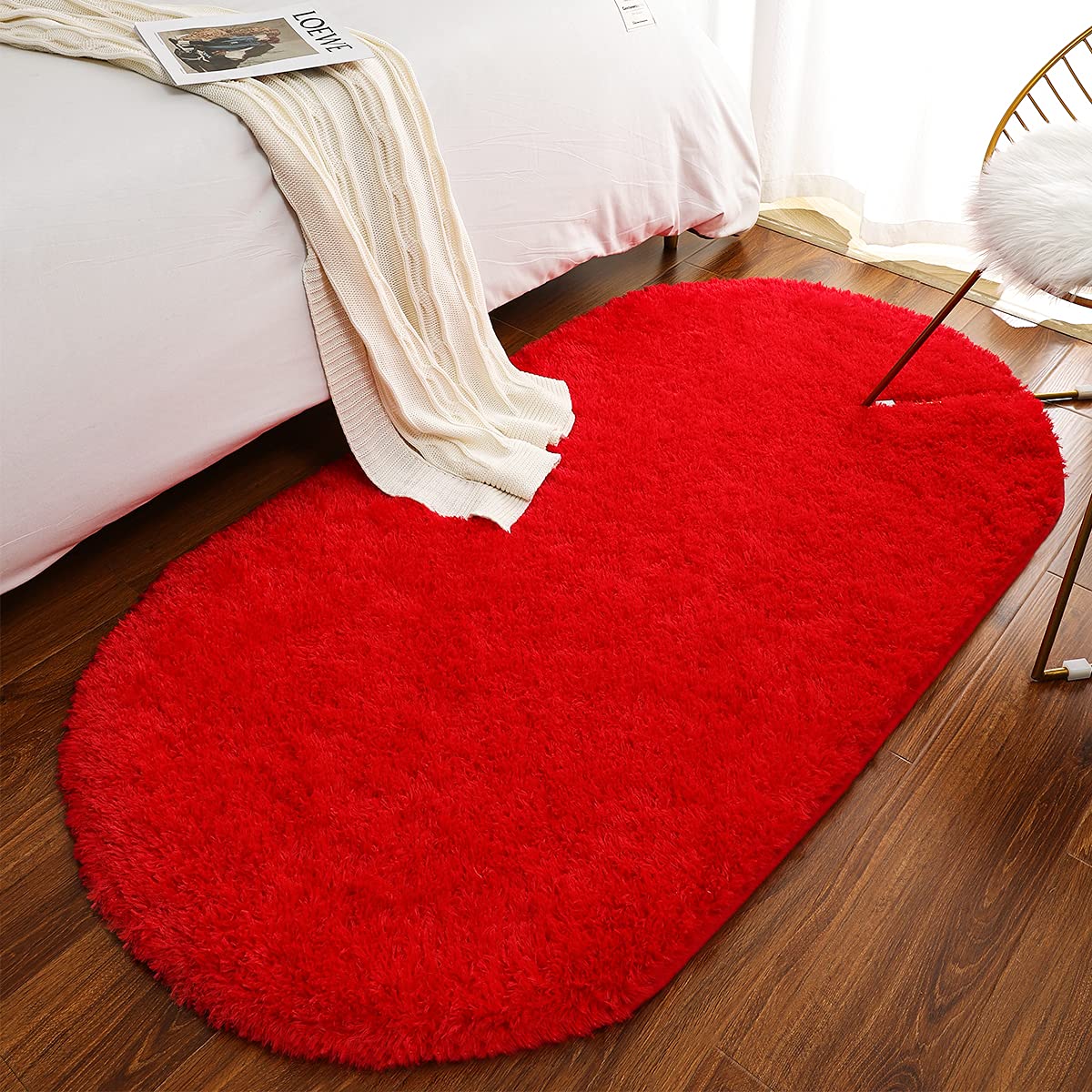 LOCHAS Fluffy Red Shaggy Area Rug 2.6' x 5.3' - Soft Oval Bedroom Rug for Bedside, Living Room, Kids Room & Girls Decor - Cozy Home Accent for Comfort & Style
