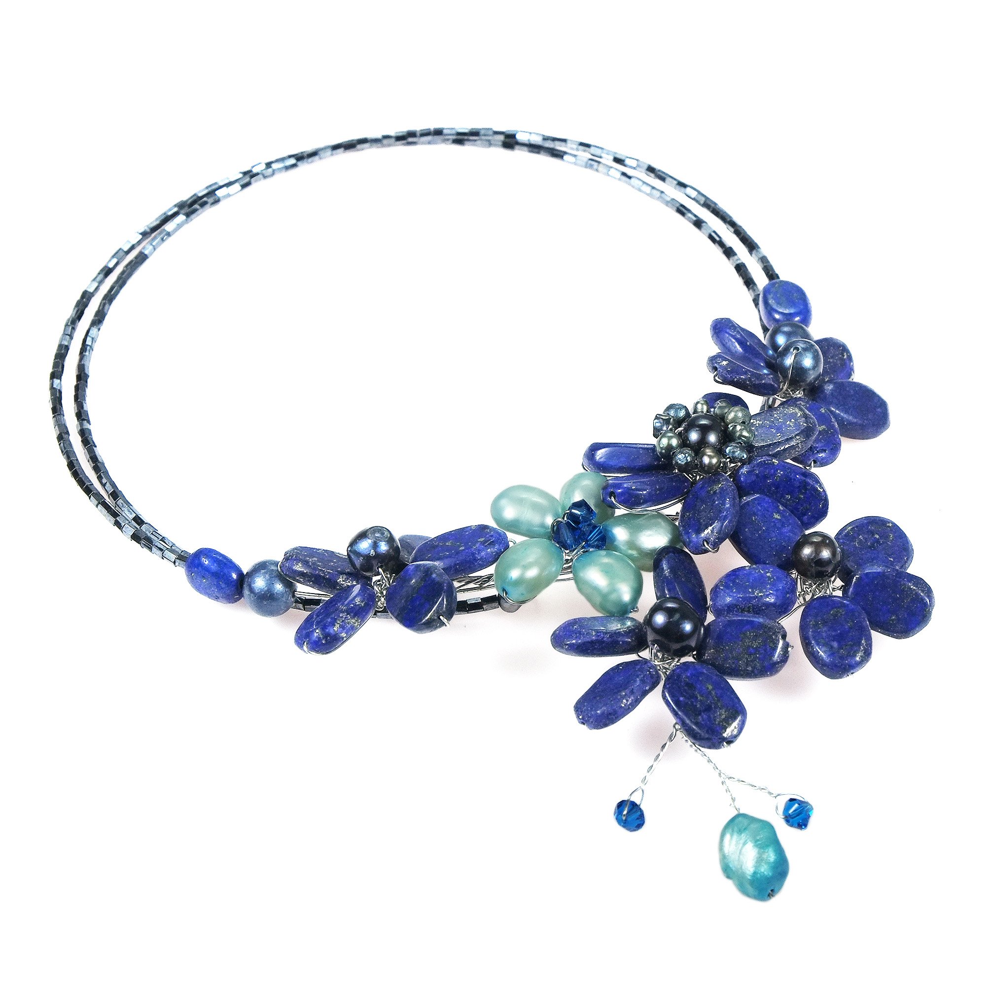 AeraVida Floral Lace Pearl Necklace - Blue Lapis Lazuli Crystal Choker for Women | Anniversary Gift Jewelry for Special Occasions
