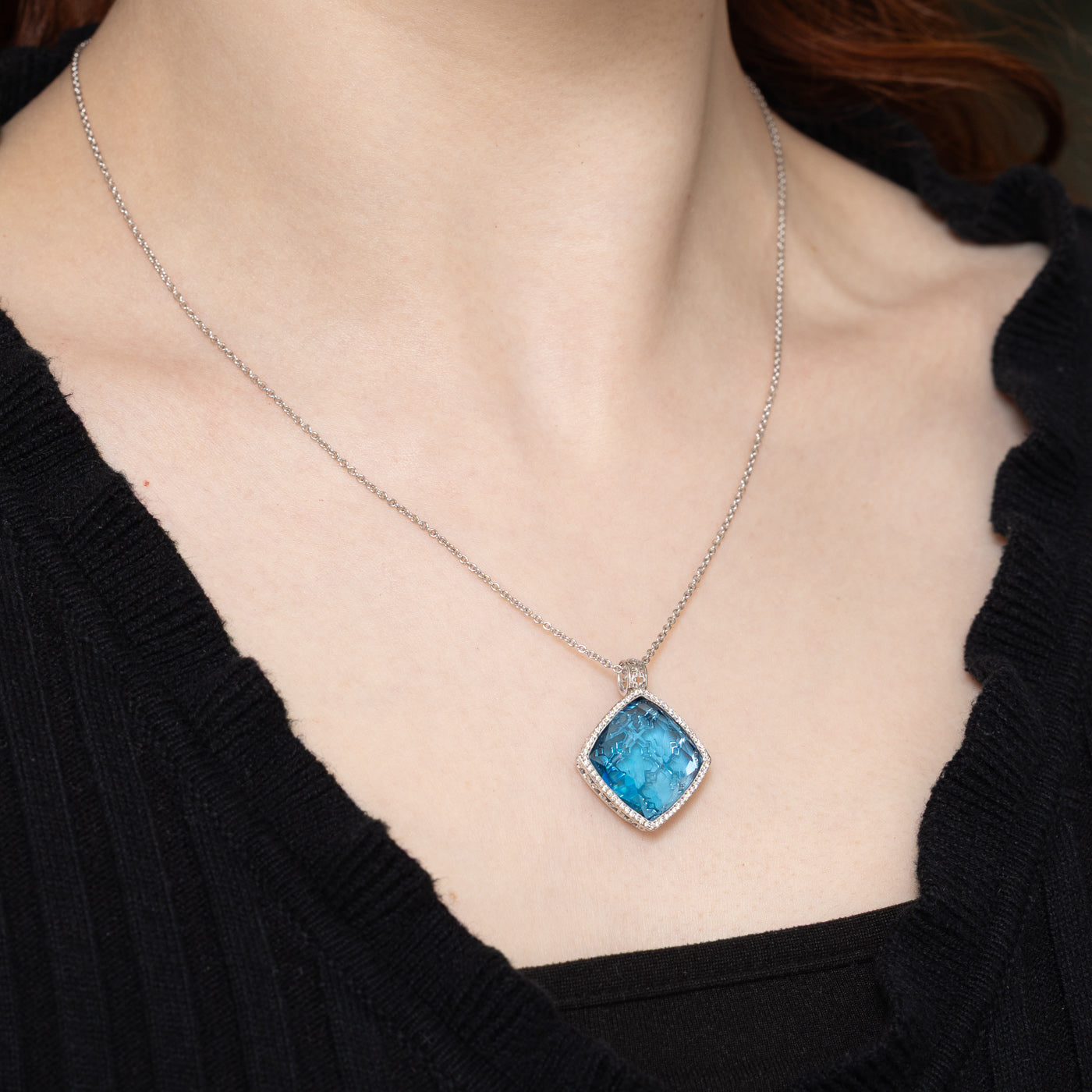 Birks' Blue Topaz & Diamond Halo Pendant Necklace | 20.00ct Natural Blue Topaz with 0.13ctw Diamond Accents | 18K White Gold | Elegant Jewelry Gift for Women | Perfect for Weddings, Anniversaries & Special Occasions