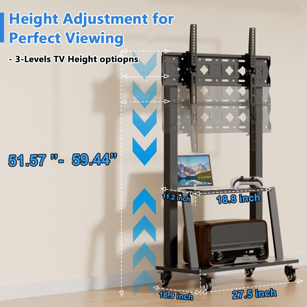 Portable Mobile TV Cart Stand with Wheels for 32-75 Inch TVs - Adjustable Height & 15° Viewing Angle, 130LBS Capacity, VESA 600×400 - Perfect for Living Room, Bedroom, or Office Entertainment Setup