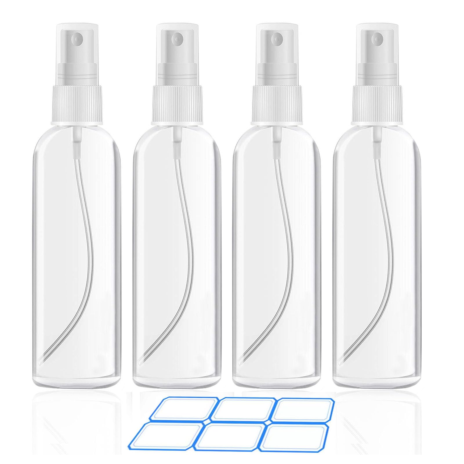 4 Pack 3.4 Oz (100ml) TSA Approved Travel Size Spray Bottles - Fine Mist Refillable Leak Proof Toiletry Containers with Labels for Shampoo, Lotion & Cosmetics | Perfect for Airplane Carry-on, Gym & Travel Essentials