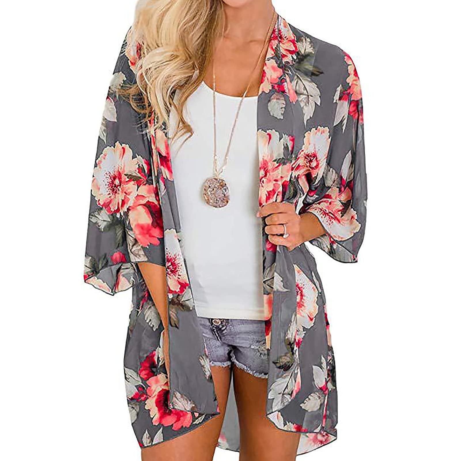 Women's Floral Kimono Cardigan - Lightweight Open Front Beach Cover Up Dress for Swimsuit & Bikini | Summer Beachwear, Pool Party, Vacation Outfit (Grey, Medium)
