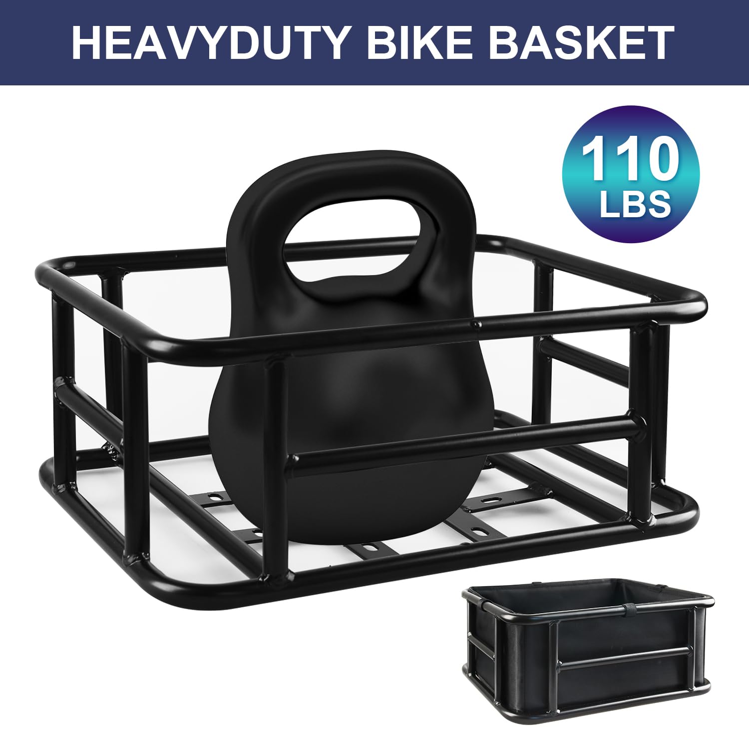 Heavy Duty Rear Bike Basket with Liners, Cargo Net & 2 Rain Covers - Large Metal Bicycle Rear Rack for Commuting, Groceries & Outdoor Adventures (Fits Bicycle, Ebike, Electric Bike)