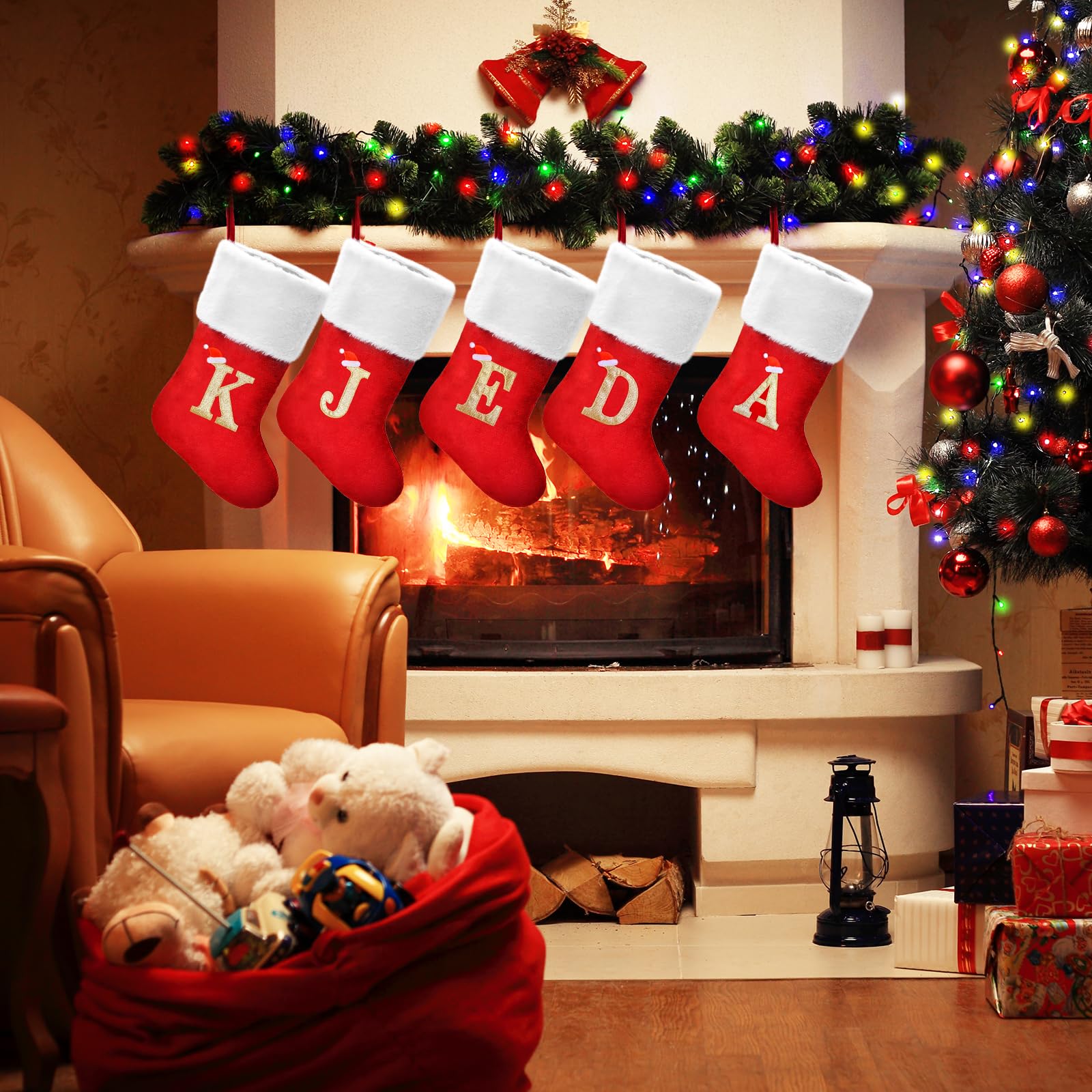 20 Inch Personalized Christmas Stockings with Monogram Letters - Large Red Velvet Stocking with Soft Plush Cuff & Embroidered Gold Initials - Holiday Decor for Fireplace, Xmas Tree, Party & Seasonal Home Decoration (L)