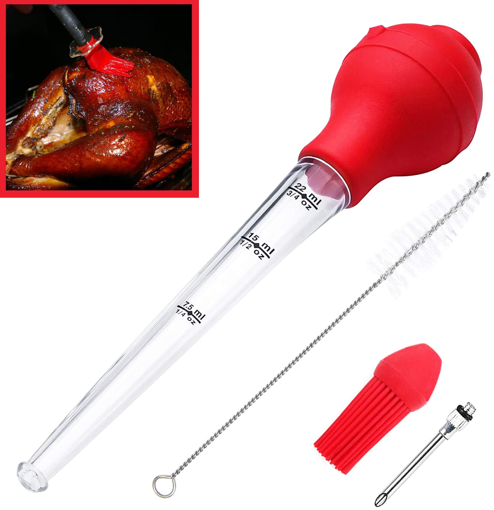 Premium Turkey Baster Set of 4 - Commercial-Grade FDA Silicone Bulbs with Marinating Needles, BBQ Brushes & Cleaning Brushes - Dishwasher Safe & Reusable for Thanksgiving, Grilling & Kitchen Prep