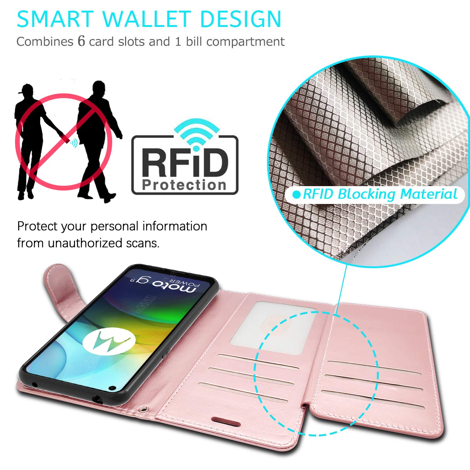 Premium Leather Wallet Case for Motorola Moto G Power 2021 | RFID Blocking Flip Folio Cover with Stand | Rose Gold | Perfect for Business Travel & Daily Protection