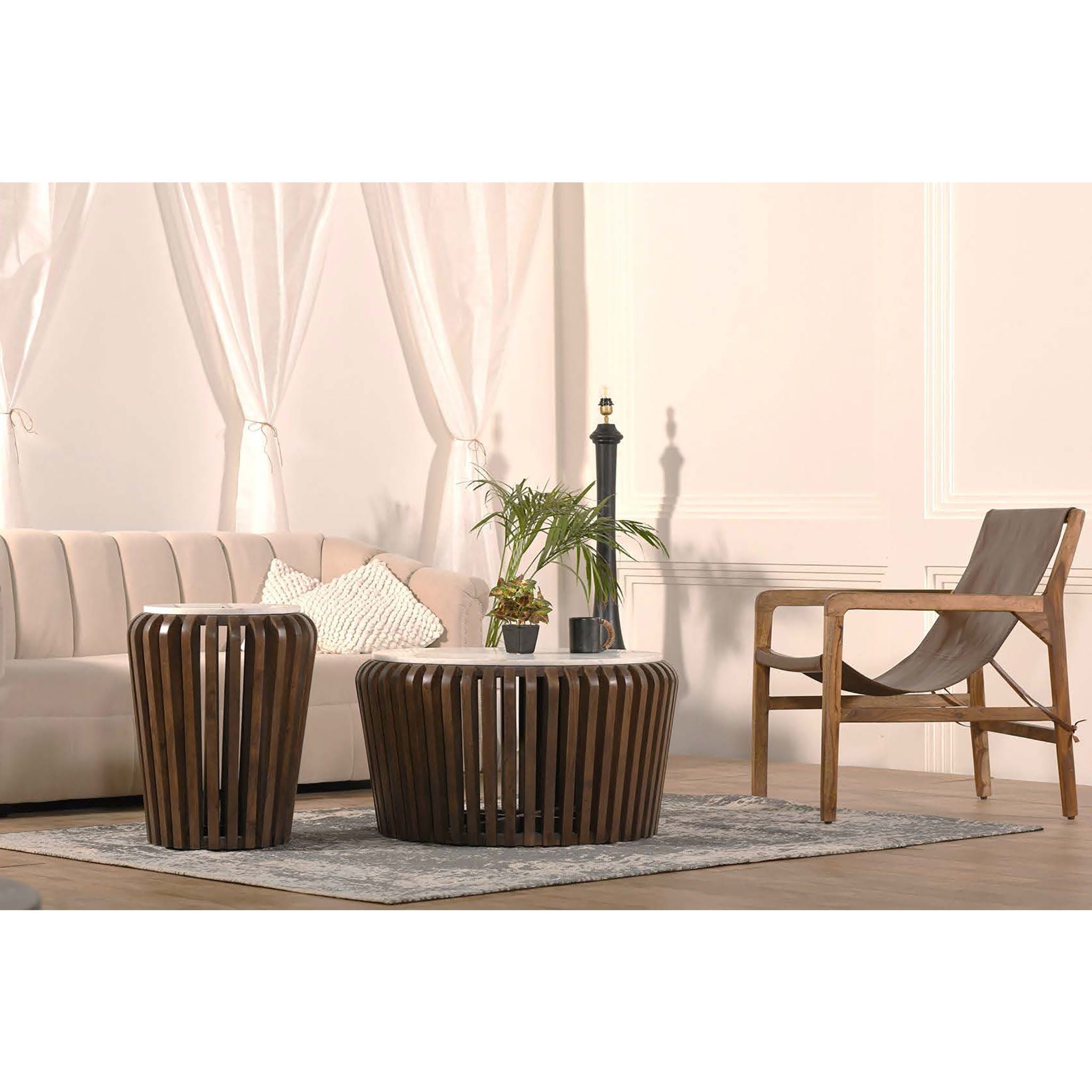 Modern Alisha Coffee Table with White Marble Top and Brown Wooden Legs - Perfect for Living Room, Lounge, and Office Decor