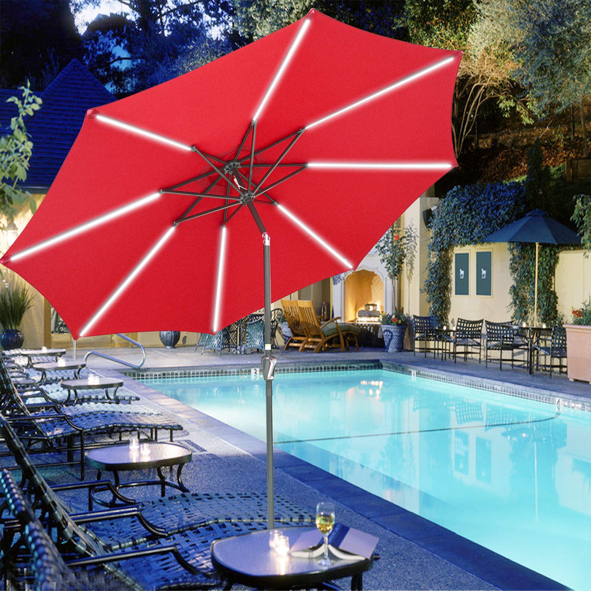 Yescom 10Ft Solar Powered LED Light Bar Patio Umbrella with Tilt & Crank - Waterproof Outdoor Lighting for Garden, Backyard, Deck, Poolside & Camping