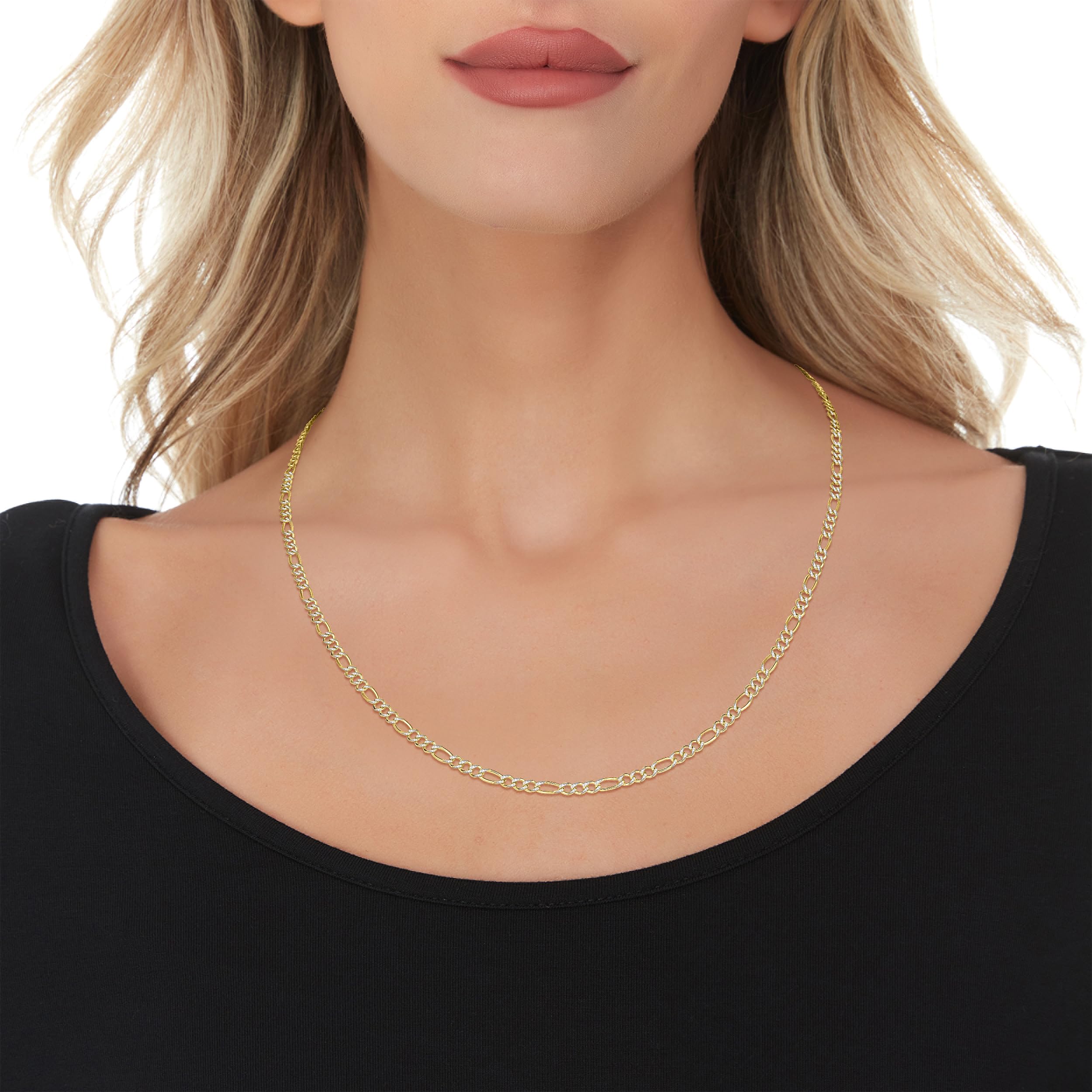 10K Yellow Gold and White Gold 2.5mm Solid Two-Tone Figaro Chain Necklace for Men & Women - Elegant Layering Piece for Everyday Wear, Special Occasions and Gifts