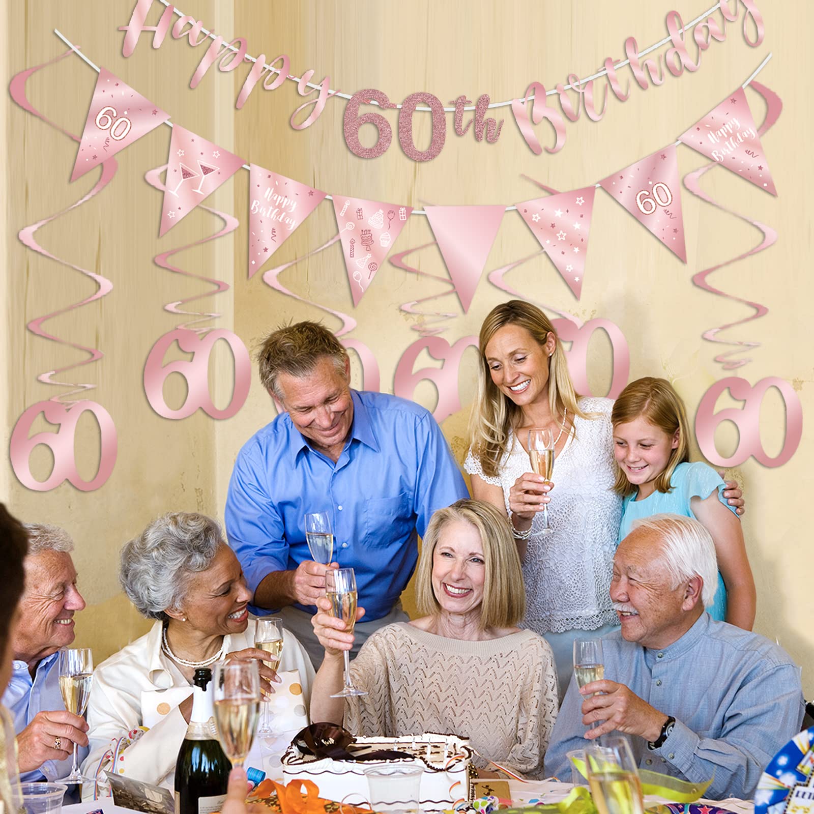 60th Birthday Party Decorations Kit for Women - Rose Gold Happy Birthday Banner, Bunting Swirls & Triangle Flags - Perfect for Milestone Celebrations, Retirement Parties & Anniversary Decor