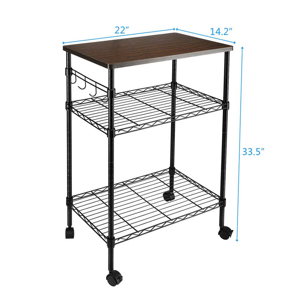3-Tier Kitchen Cart with Wheels - Wood & Black Storage Rack for Microwave & Pantry Organization
