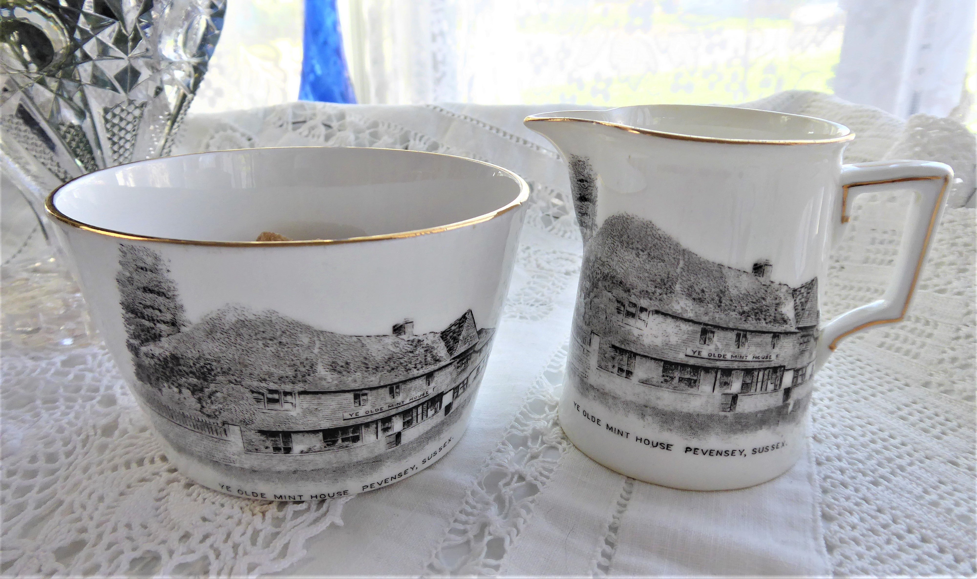 Vintage Shelley Cream and Sugar Set - Ye Olde Mint House Pevensey Milk Sussex 1910s Antique English Tea Service for Afternoon Tea and Collectors Display