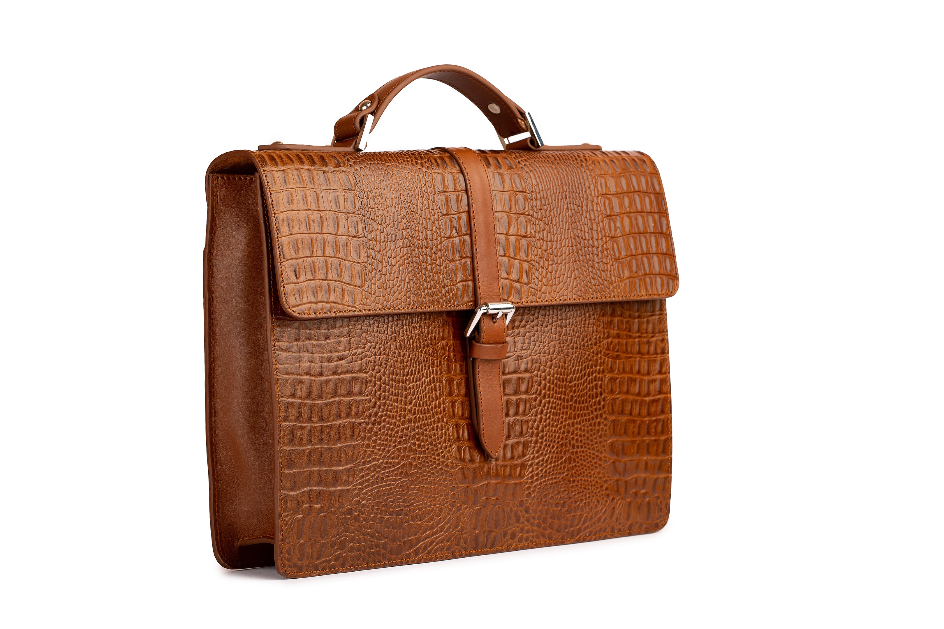 Premium Genuine Leather Laptop Briefcase - Crocodile Embossed Brown Business Bag for Men & Women | Perfect for Office, Travel & Professional Meetings