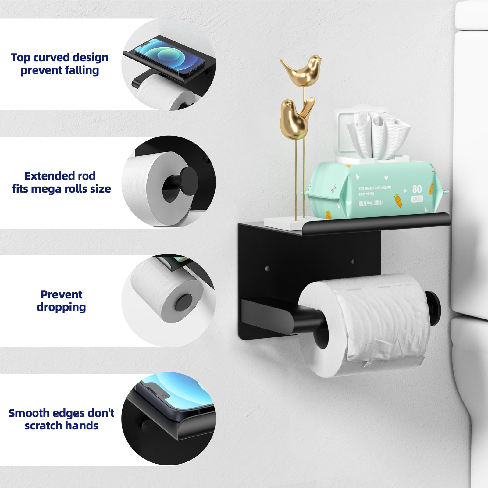 Stainless Steel Wall Mount Toilet Paper Holder with Shelf - Matte Black, Rustproof, Self-Adhesive - Fits Mega Rolls - Perfect for Modern Bathrooms & Powder Rooms