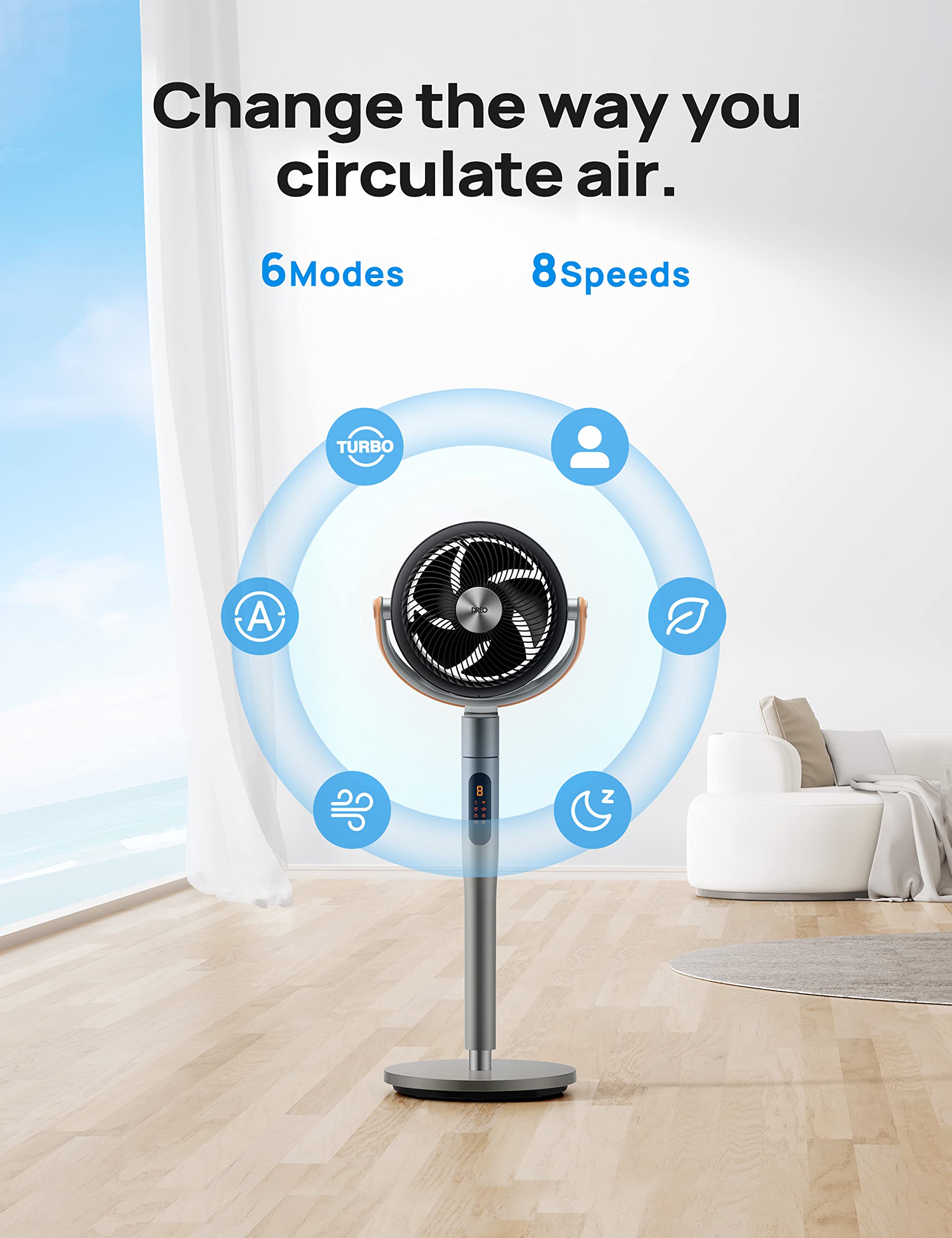 Dreo Smart Wi-Fi Standing Fan with Voice Control - 37-43'' Adjustable Height, 6 Modes & 8 Speeds, 100ft Quiet DC Motor Circulator, 120°+105° Oscillation for Bedroom, Living Room & Office Use