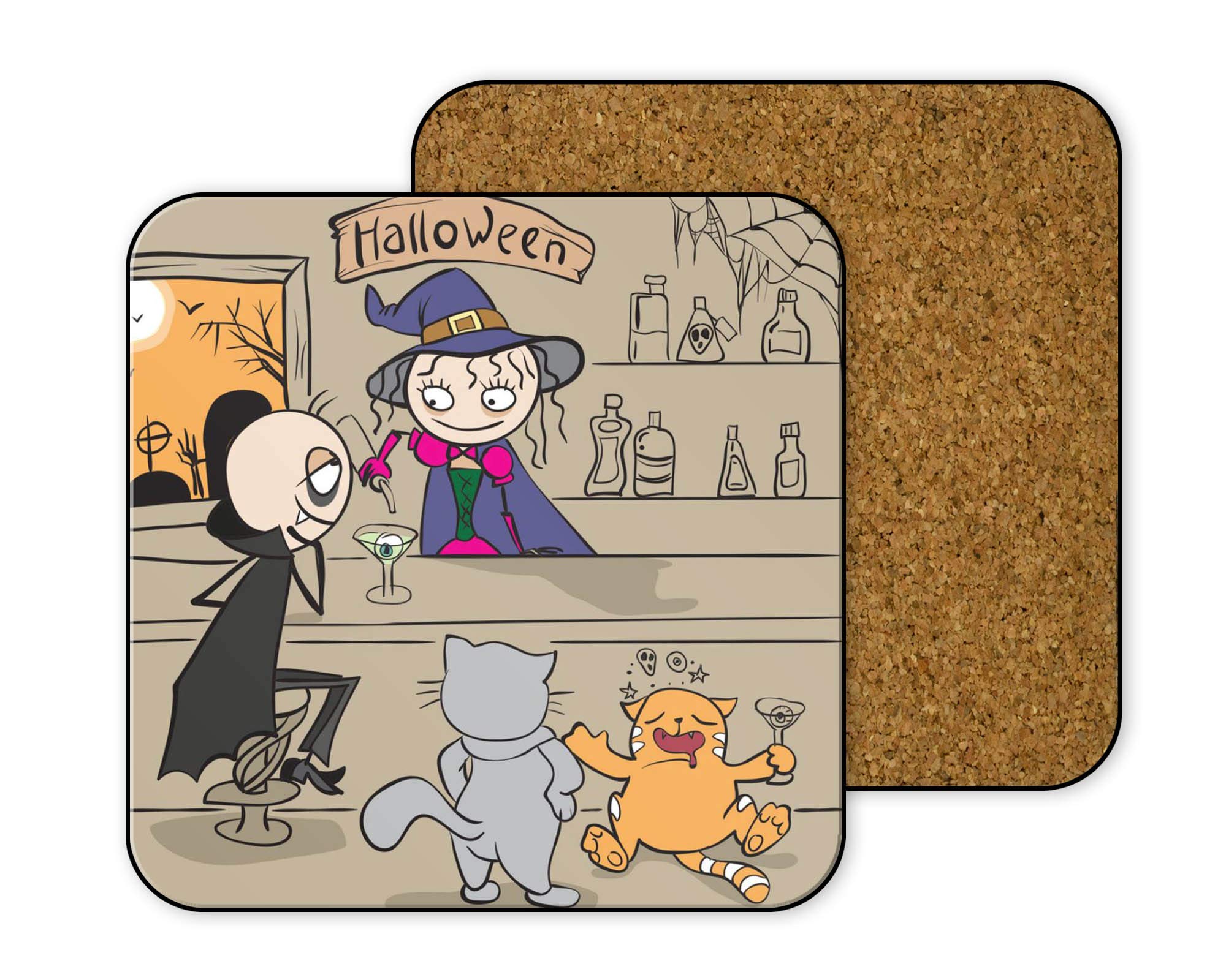 Halloween Themed Drink Coasters Set of 4 - Spooky Ghost & Pumpkin Design Bar Coasters for Halloween Party, Home Decor, and Beverage Protection
