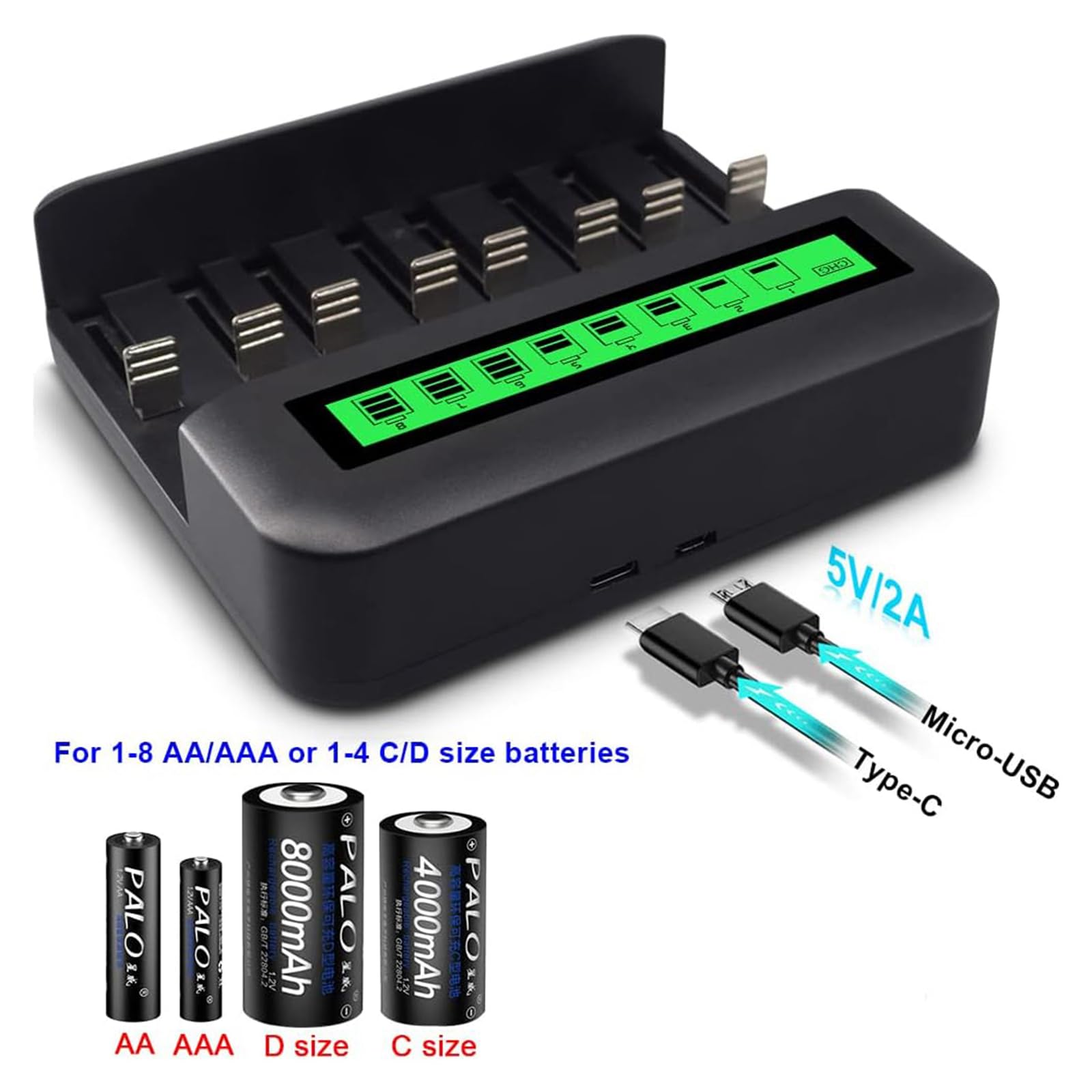 Rechargeable C Batteries 4 Pack 5000mAh with 8 Bay LCD Battery Charger for Ni-MH AA AAA C D - Long Lasting Power for Flashlights, Toys, Remote Controls & Electronics
