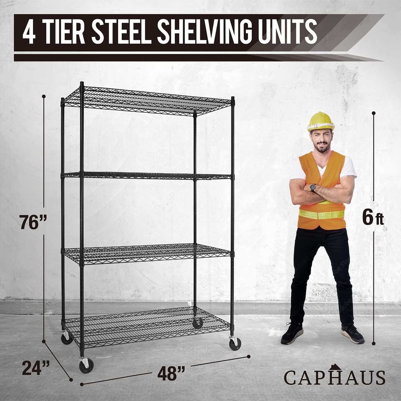 CAPHAUS 4-Tier Heavy Duty Adjustable Wire Shelving with Wheels & Leveling Feet - 48