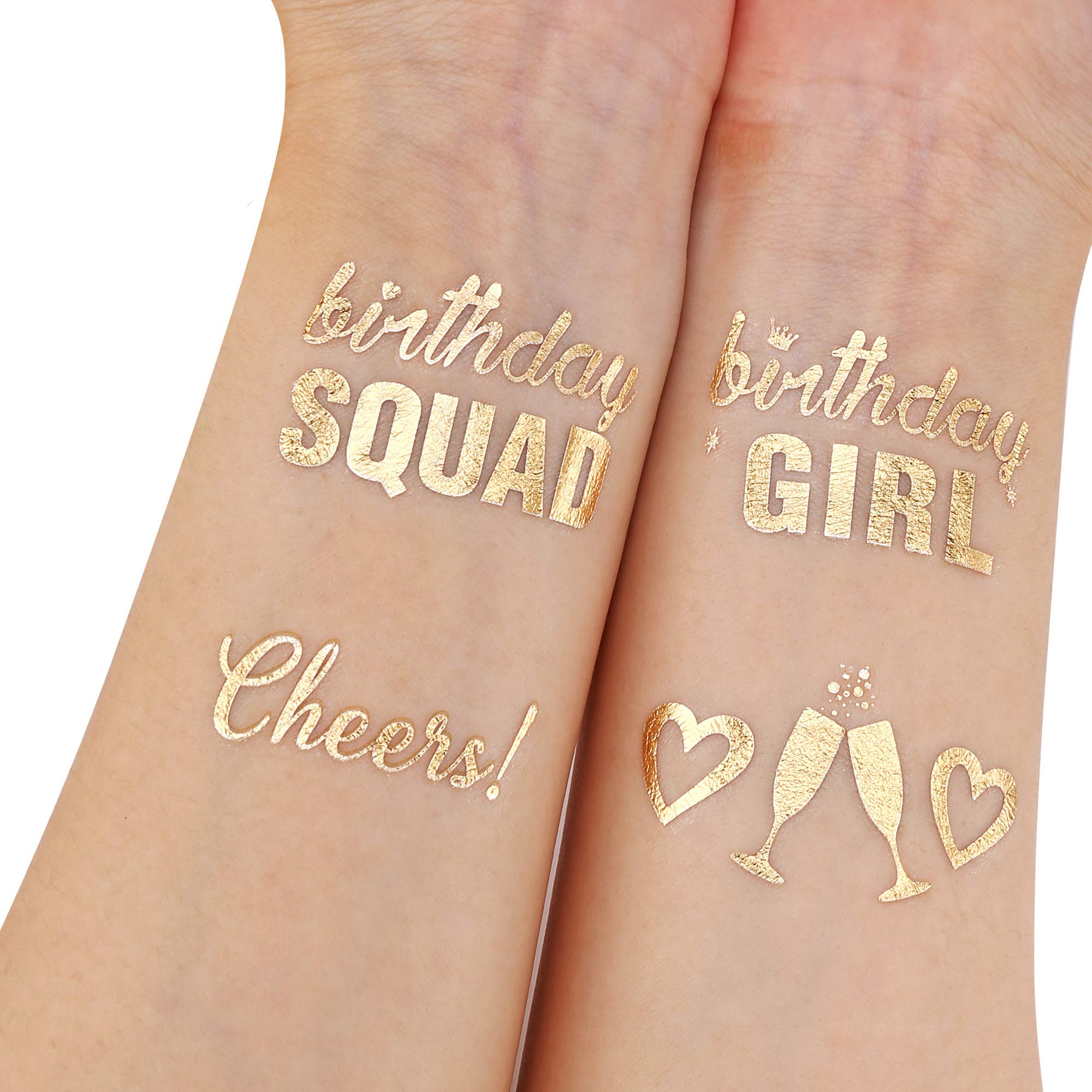 Konsait Metallic Temporary Tattoos for Girls - 32 Fun Birthday Designs (Birthday Girl, Birthday SQUAD, Cheers) - Perfect for Kids Birthday Parties, Celebration Favors & Party Bag Fillers - Great for Birthday Decorations, Photo Props & Themed Events