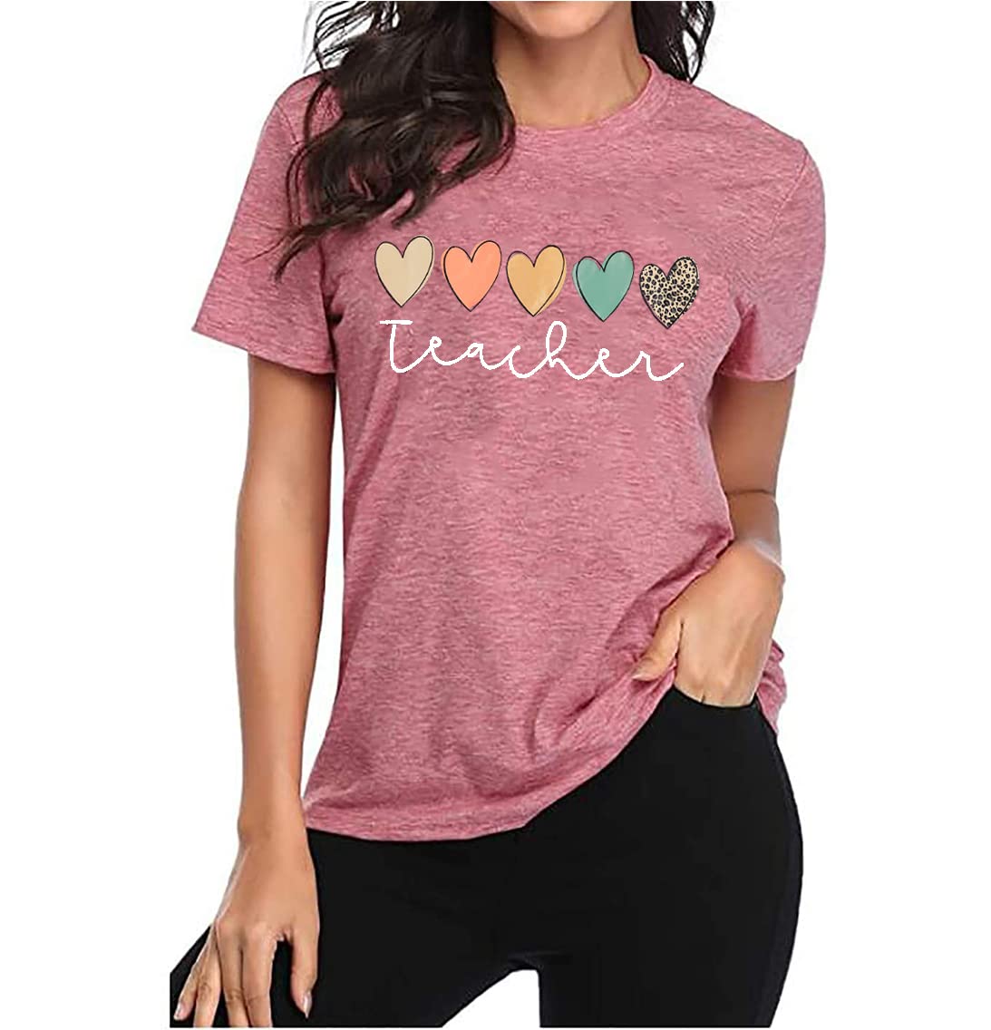 Women's Cute Hearts Graphic Teacher T-Shirt - Boho Style Short Sleeve Casual Summer Top for Educators | Perfect for Classroom, Teacher Appreciation Week & Back to School