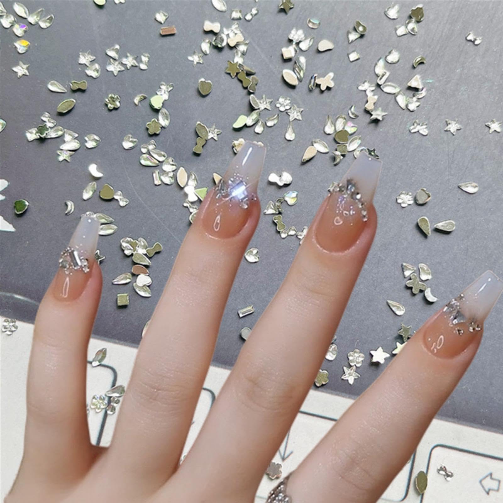 1000PCS Silver Mini Rhinestones for Nail Art - Multi-Shape Flat Back Crystals (Moon, Heart, Star, Flower) - DIY Manicure Gems for Acrylic Nails - Perfect for Women & Girls Nail Decoration - Great for Parties, Weddings, and Special Occasions