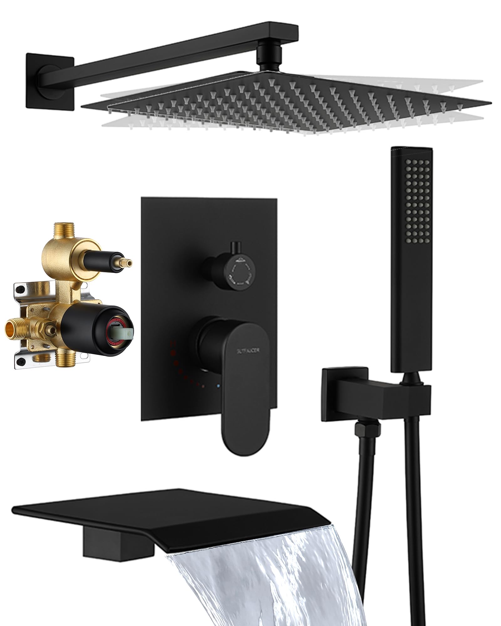 Luxury Black Shower System Combo - 10 Inch Square Rainfall Shower Head & Handheld Set with Wall Mounted Faucet, Tub Spout & Valve Trim Kit | Perfect for Modern Bathroom Renovation & Spa-Like Shower Experience