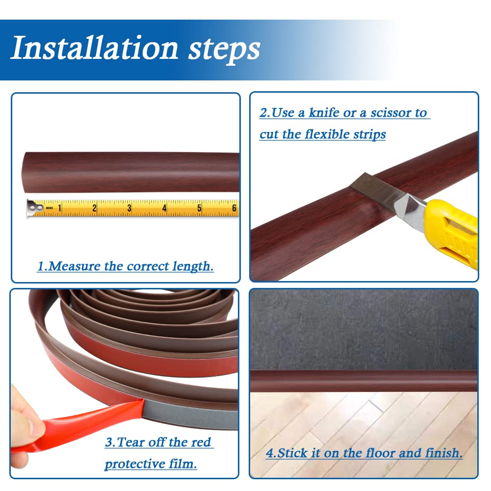 Self-Adhesive PVC Floor Transition Strip - Wood Grain Coffee, 3.3Ft - Smooth Carpet to Hardwood Flooring Threshold - Perfect for Doorways & Room Dividers Under 5mm Height - DIY Home Improvement Solution