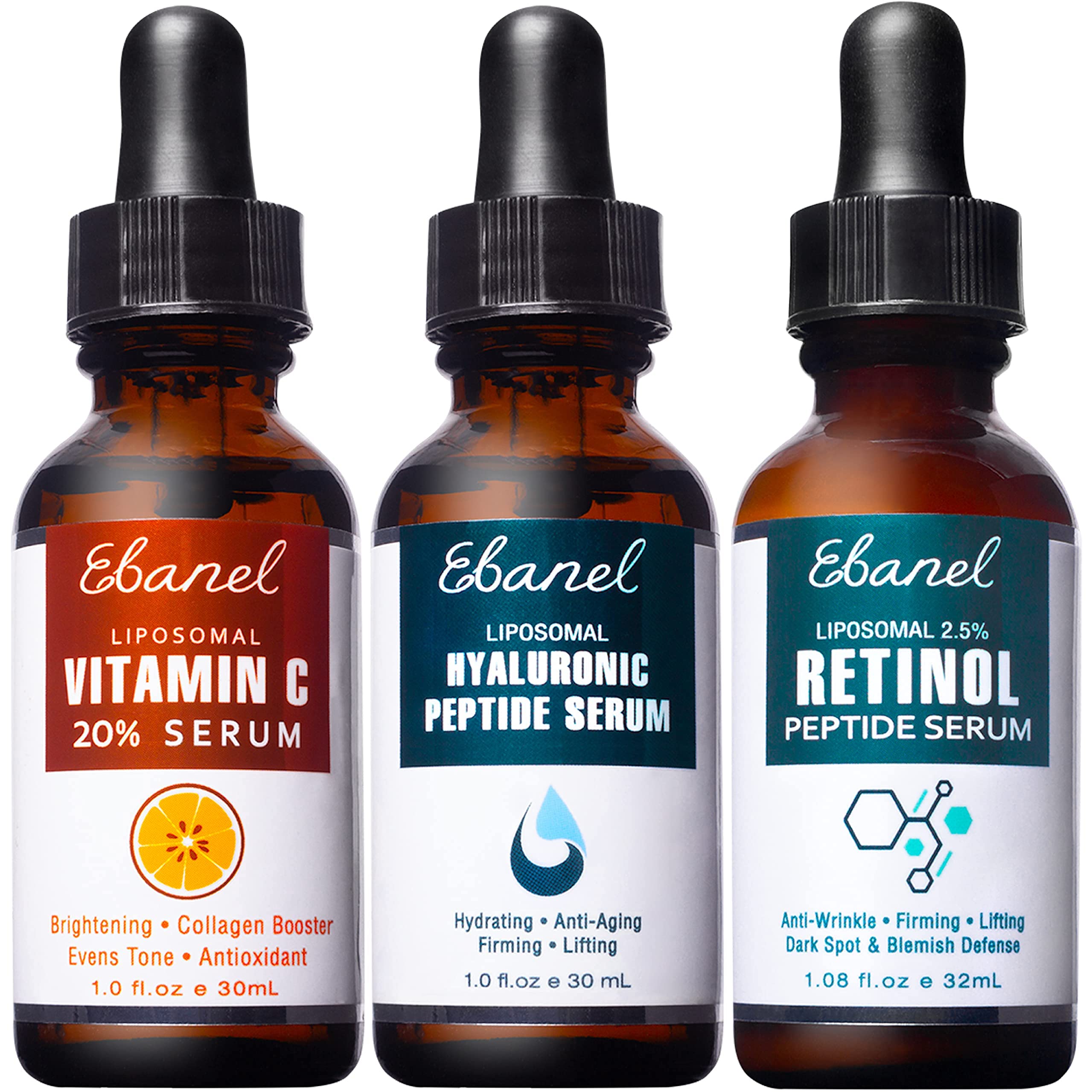 Ebanel 20% Vitamin C Serum + 2.5% Retinol Serum + Hyaluronic Acid Serum Bundle - Anti-Aging Skincare Set for Brightening, Wrinkles & Hydration - Perfect for Daily Facial Routine & Night Care