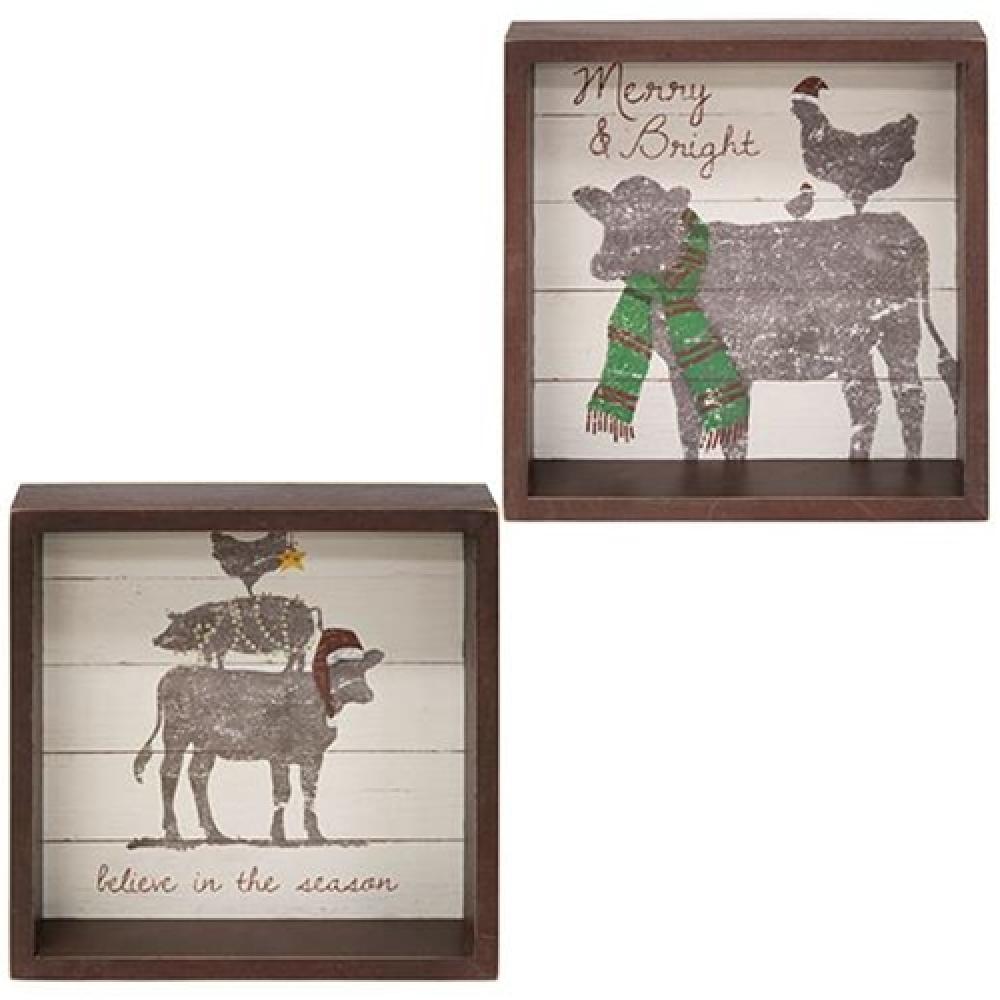 Believe In The Season Box Sign - 2 Pack Assorted Holiday Decorations for Christmas, Home, and Party Decor