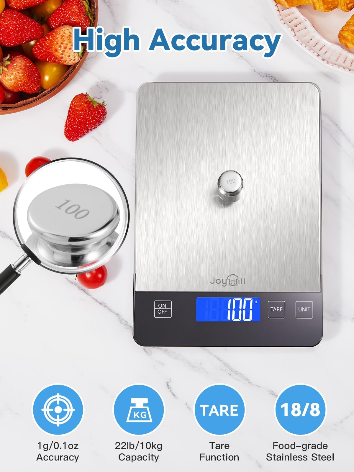 JOYHILL 10kg/1g Precision Digital Kitchen Scale with LED Display - Stainless Steel Food Scale for Baking, Cooking & Meal Prep - Measures in Grams/Ounces - Includes Batteries - Perfect for Home Chefs & Bakers