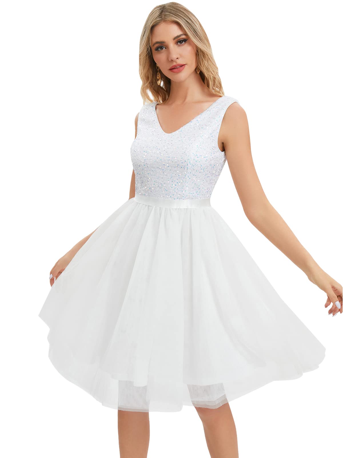 Meetjen Women's Sequin Tulle Cocktail Dress - Elegant V-Neck A-Line Short Sleeve Prom & Wedding Guest Dress for Parties, Dinners & Special Occasions