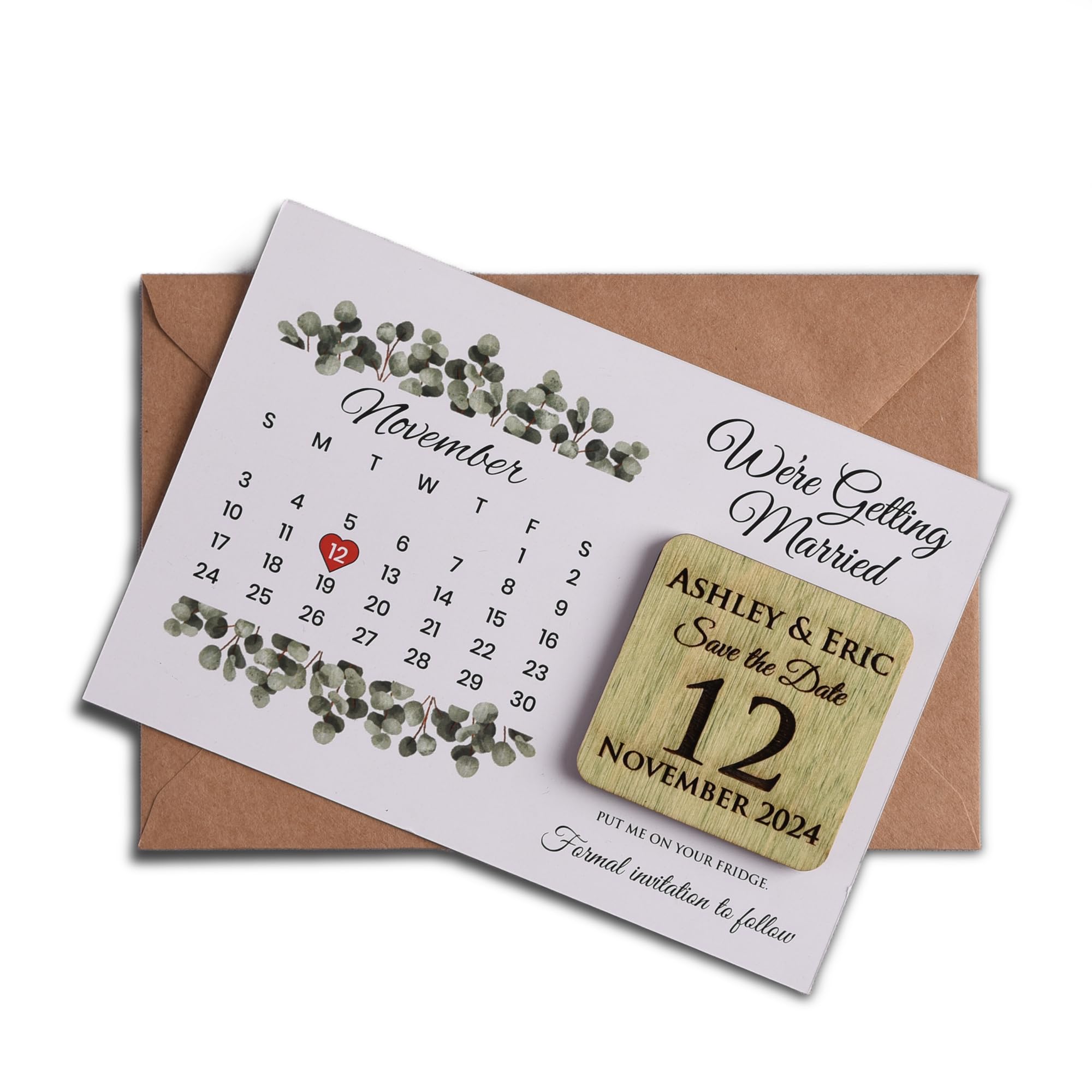Customizable Save the Date Calendar Cards with Wooden Magnets | Personalized Wedding Favors Set | Includes Kraft Envelopes & Clear Labels | 5 Color Options | Perfect for Weddings, Anniversaries & Special Events
