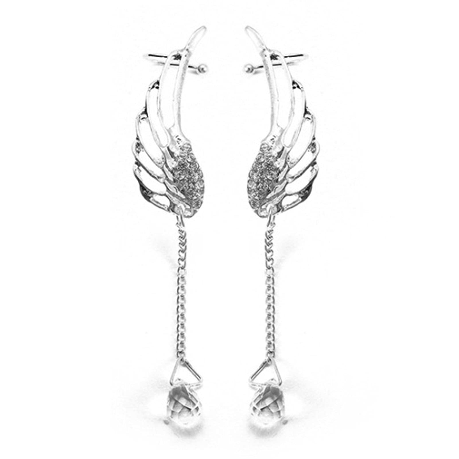 Stylish Thick Silver Hoop Earrings with Rhinestone Fringe - Wing Stud Angel Design Long Dangle Earrings for Women | Perfect for Parties, Weddings & Night Out