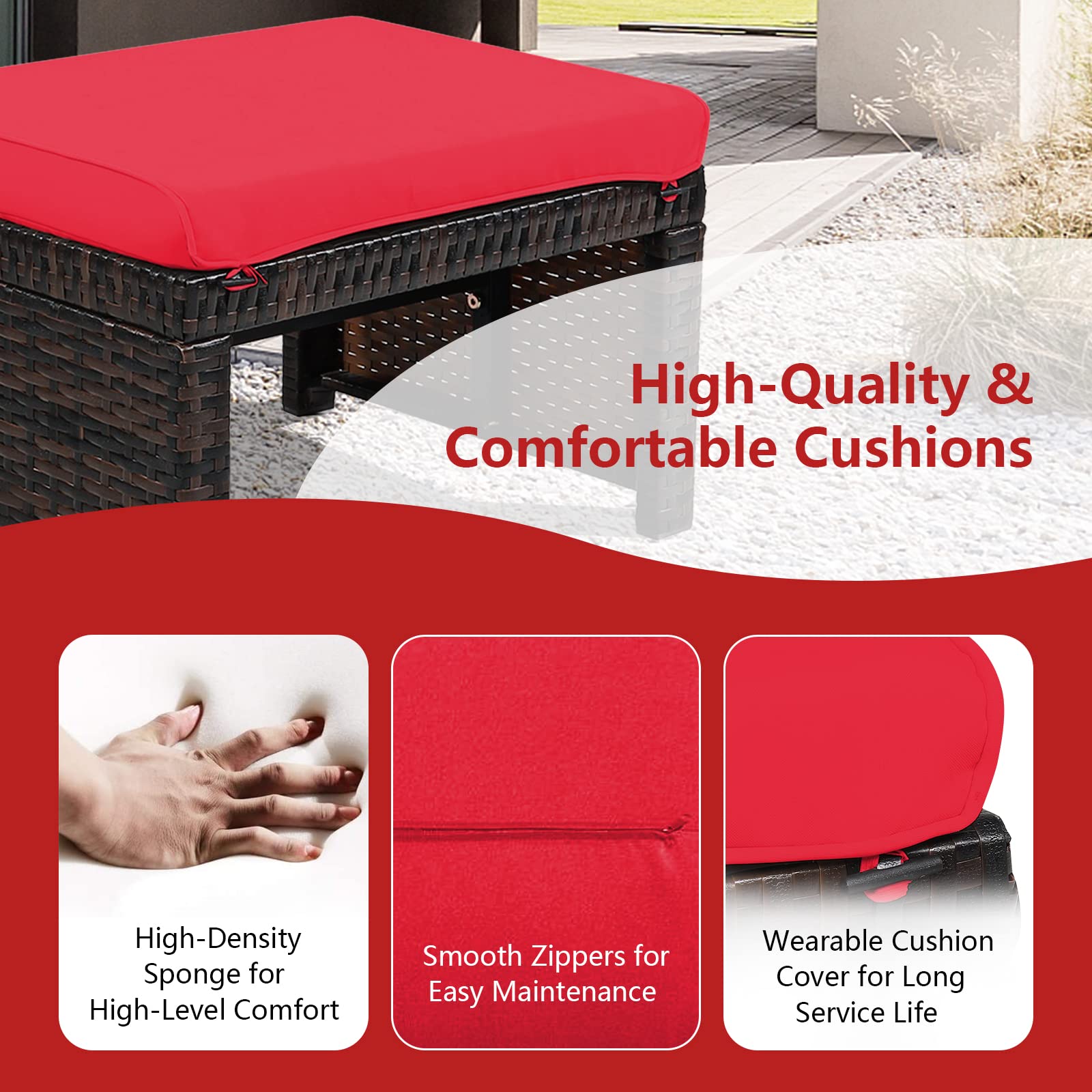 HAPPYGRILL 2-Piece Outdoor Wicker Ottomans with Cushions - Patio Rattan Footstool, Solid Steel Frame - Multifunctional Ottoman Set for Poolside, Backyard, Balcony & Garden Relaxation
